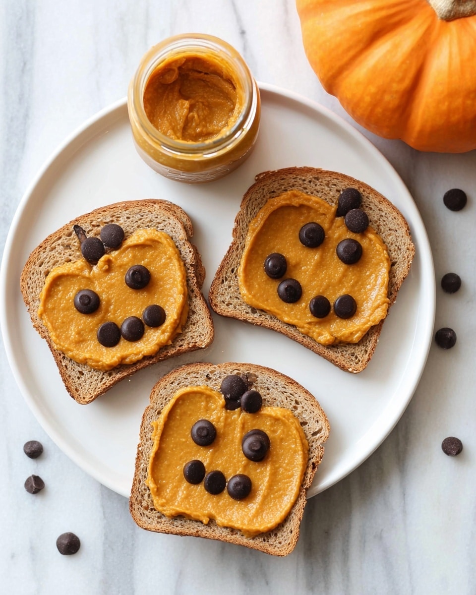 Two slices of toasted whole grain bread lie on a white plate set on a white marbled surface. Each toast is topped with a round layer of smooth, orange pumpkin spread. On the top slice, chocolate chips form a smiley face with eyes and a mouth, while on the bottom slice, chocolate chips create another smiley face with two eyes and a ring-shaped mouth. The spread appears evenly thick and creamy, slightly glossy with a light bump near the top of the bottom toast. Photo taken with an iphone --ar 4:5 --v 7