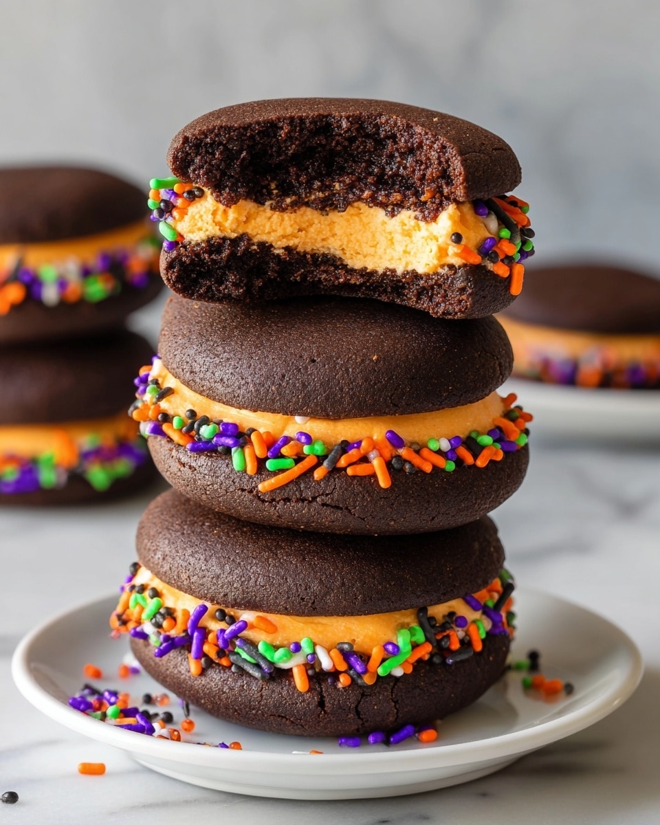 The image shows a stack of three dark brown chocolate sandwich cookies with thick, bright orange cream filling in the middle of each pair. The orange cream layer is about one-third the thickness of the cookies and is decorated with colorful round and rod-shaped sprinkles in orange, purple, green, and black around the edges. The top cookie of the stack has a bite taken out of it, revealing a moist, soft texture inside. The cookies sit on a simple white plate, and the background is a white marbled texture. photo taken with an iphone --ar 4:5 --v 7
