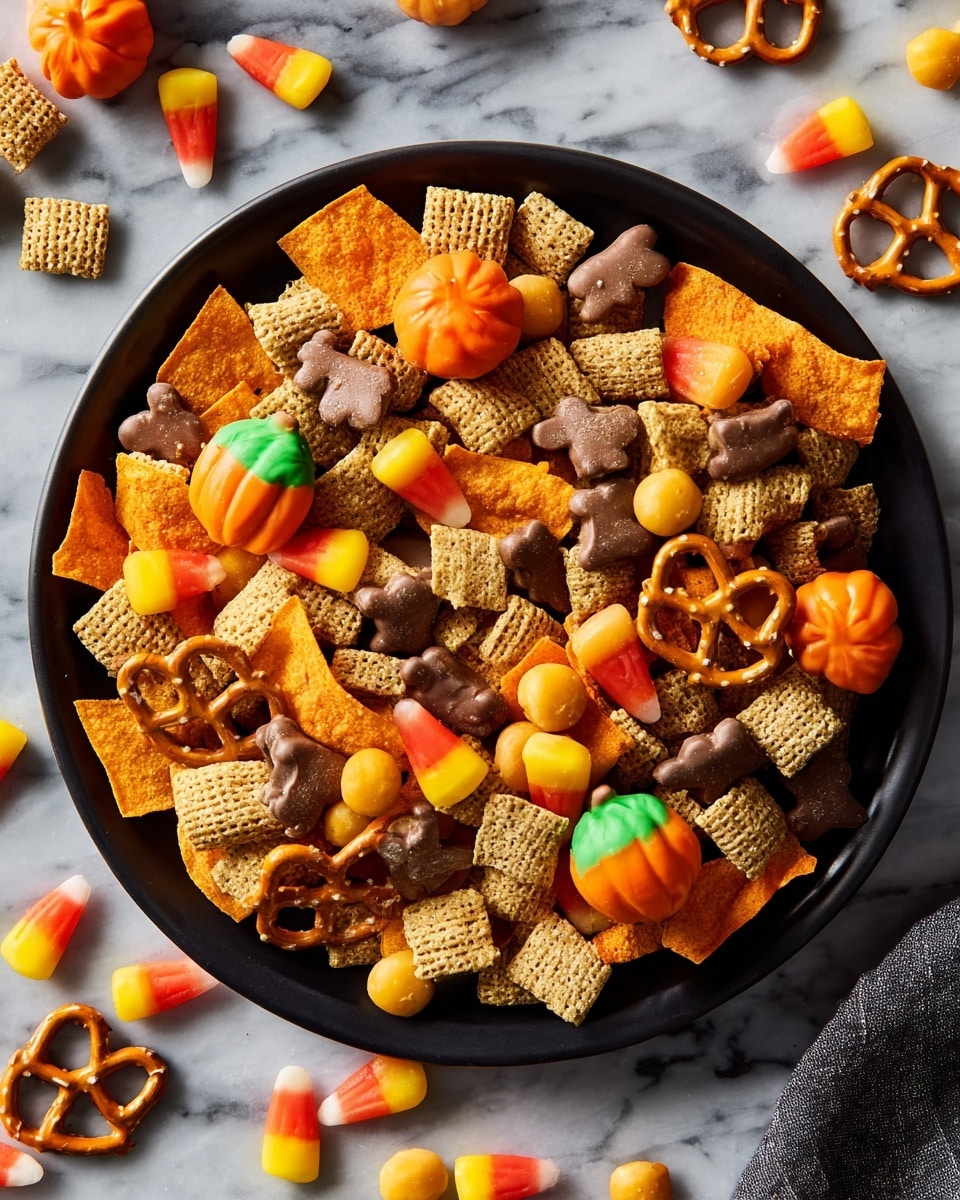 A black round plate filled with a mix of snack layers on a white marbled surface. The bottom layer includes light orange sweet potato chips with a rough texture spread evenly. On top of them, there are small, light brown square cereal pieces with a woven look scattered throughout. Mixed in are small beige animal-shaped crackers with a slightly rough surface, and medium-sized chocolate-covered pretzels with a smooth, shiny brown coating. Bright orange pumpkin-shaped candies with green stems and glossy candy corns with white tips and yellow bases spread across the plate. Small round candy pieces in yellow and orange are scattered in between. Some snacks spill over onto the white marbled surface around the plate. photo taken with an iphone --ar 4:5 --v 7