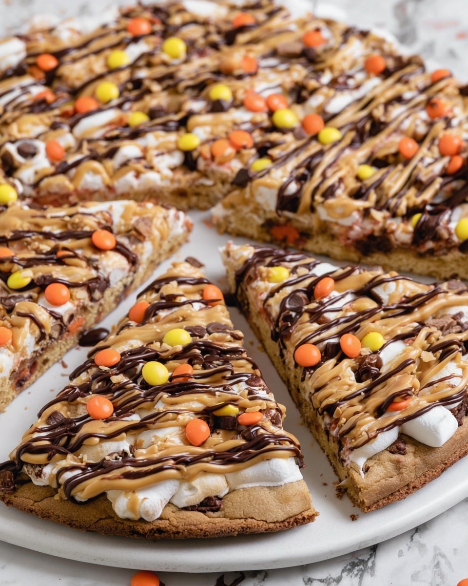 A large cookie pizza on a round white plate with several cut slices visible, the cookie base is golden brown and thick, topped with a layer of white marshmallows, drizzled with creamy light brown peanut butter and dark brown chocolate sauce in zigzag patterns. There are scattered orange, yellow, and dark brown candy pieces on top adding a pop of color. The background is a white marbled surface. photo taken with an iphone --ar 4:5 --v 7