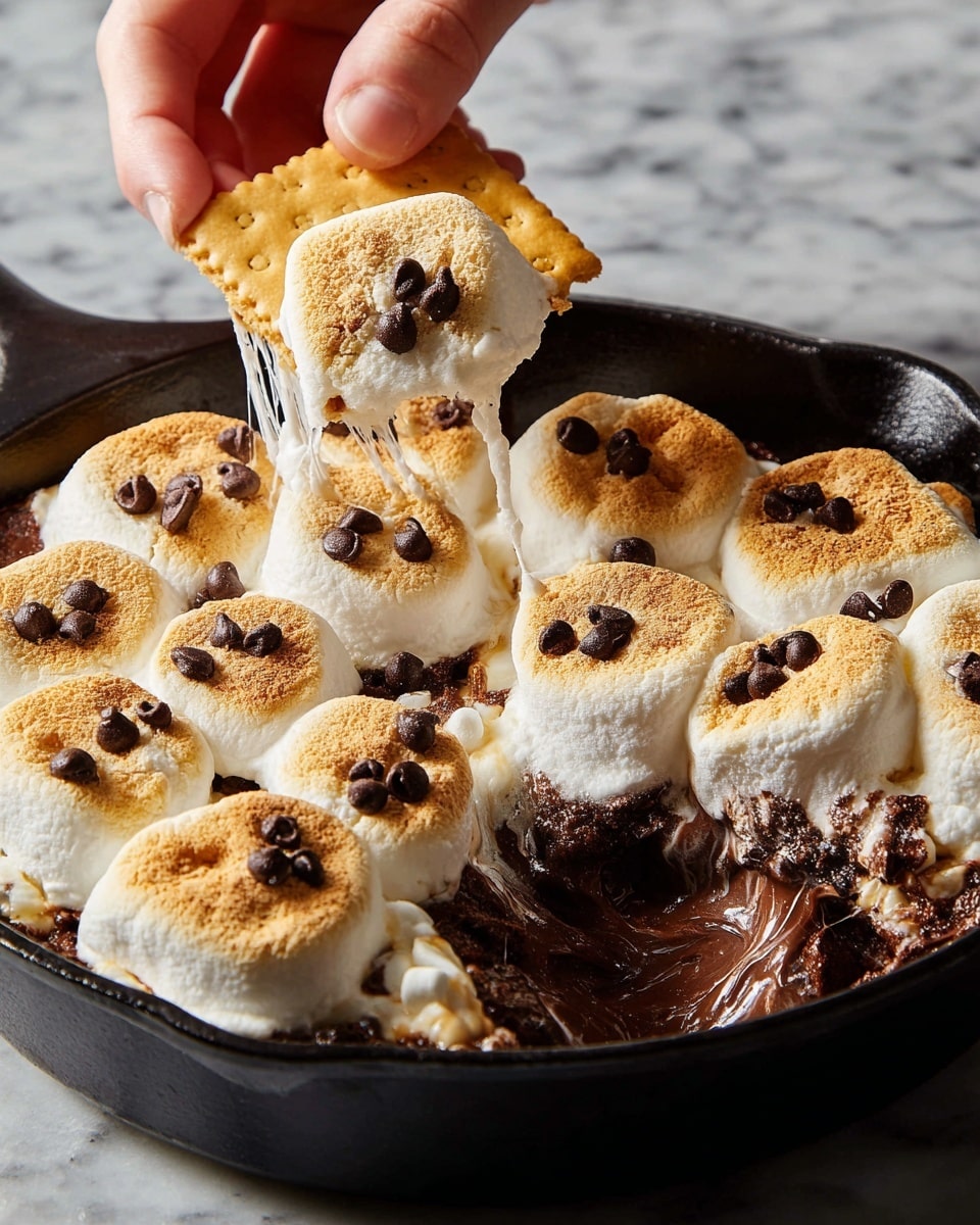 A black cast iron skillet holds a dessert with two main layers. The bottom layer is dark brown, melted chocolate, creamy and smooth with some melted chunks visible. On top, there is a layer of large toasted marshmallows that are golden brown and slightly cracked with a soft white inside. Some marshmallows have small dark chocolate chips on them. A woman's hand holds a toasted marshmallow with a golden cracker, pulling it up, showing the soft, stretchy white inside of the marshmallow and some melted chocolate underneath. The skillet is set on a white marbled surface. Photo taken with an iphone --ar 4:5 --v 7