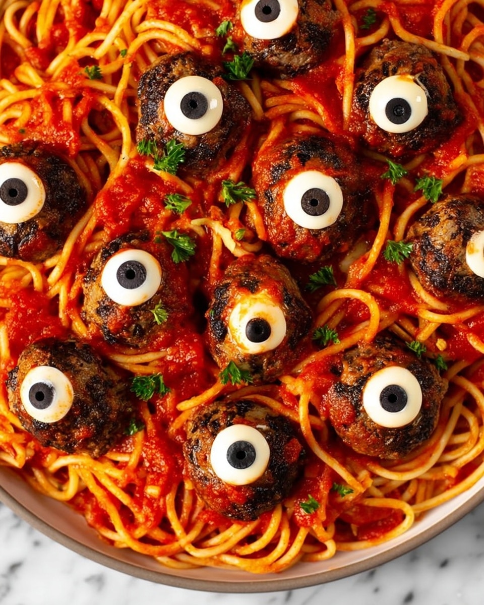 The image shows a close-up of a white plate filled with spaghetti covered in a bright red tomato sauce. On top of the spaghetti, there are meatballs each topped with a slice of white cheese and a black olive, resembling eyeballs. The spaghetti strands are visible beneath the sauce, some curling around the meatballs. Small green pieces, likely parsley, are sprinkled over the dish, adding a touch of color contrast. The overall look is vibrant with the red sauce, dark meatballs, white cheese, and black olives all clearly visible. The plate is set against a white marbled textured surface photo taken with an iphone --ar 4:5 --v 7
