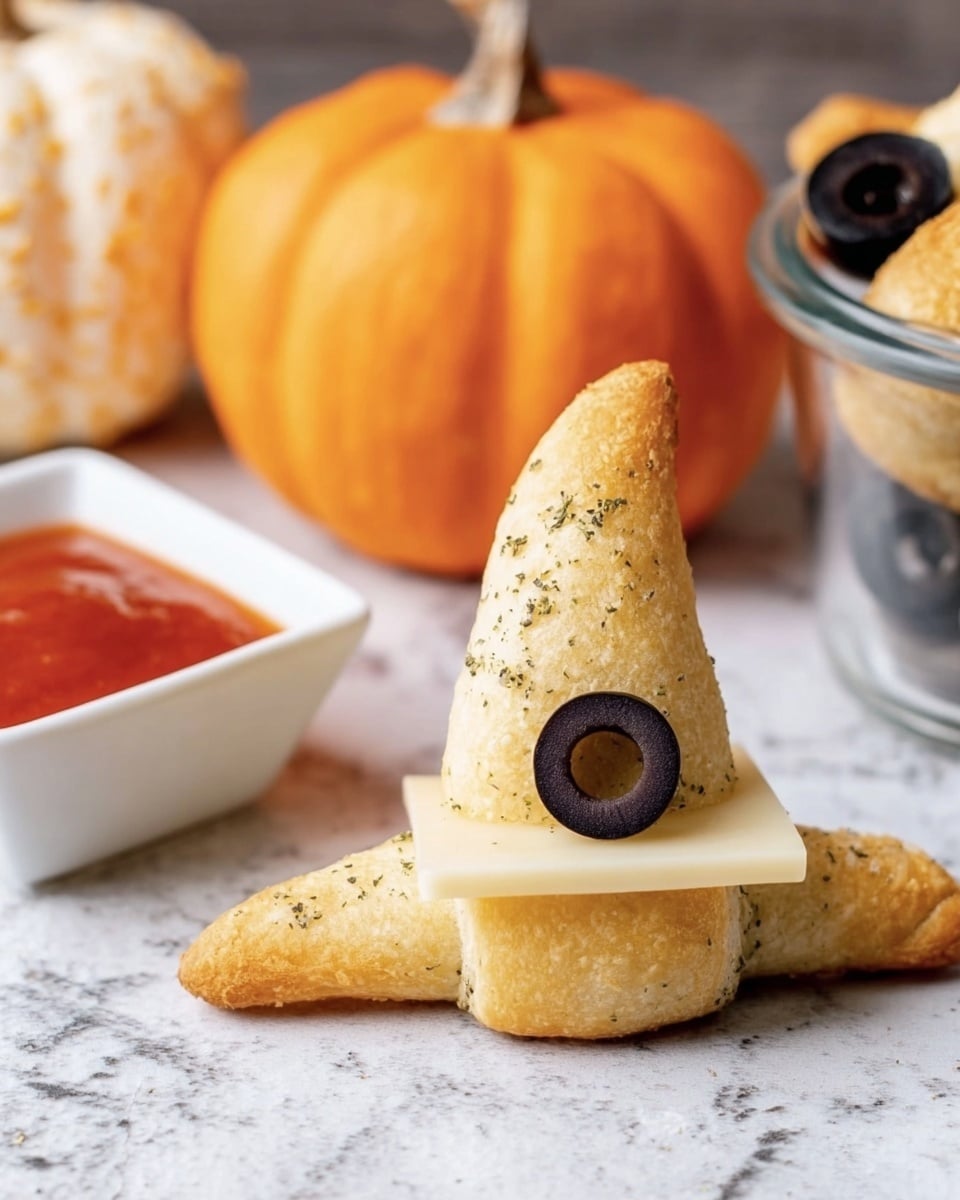 A round white plate holds five golden-brown, crescent-shaped pieces of breaded chicken, each topped with a thin strip of white cheese and a single black olive slice in the center. The chicken pieces have a crispy texture with visible herbs. Around the plate, there is a small bowl of black olives and a small white square bowl filled with chunky red dipping sauce, set on a white marbled surface. Two small pumpkins peek in from the edges of the frame. Photo taken with an iphone --ar 4:5 --v 7