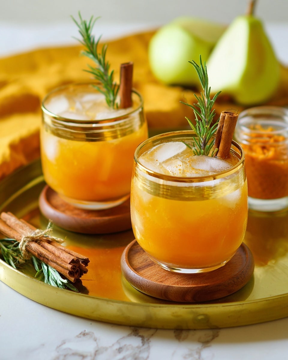 The image shows a clear glass filled with an orange drink layered over ice cubes, giving a cool and refreshing look, topped with two green sprigs of rosemary standing vertically and two brown cinnamon sticks beside them. The glass is placed on a round wooden coaster with visible rings, all set on a white marbled textured surface. In the background, there is a blurred white bowl filled with an orange spread, a scissor-shaped wooden board holding half a green apple, and a few more cinnamon sticks tied together with string nearby. Photo taken with an iphone --ar 4:5 --v 7