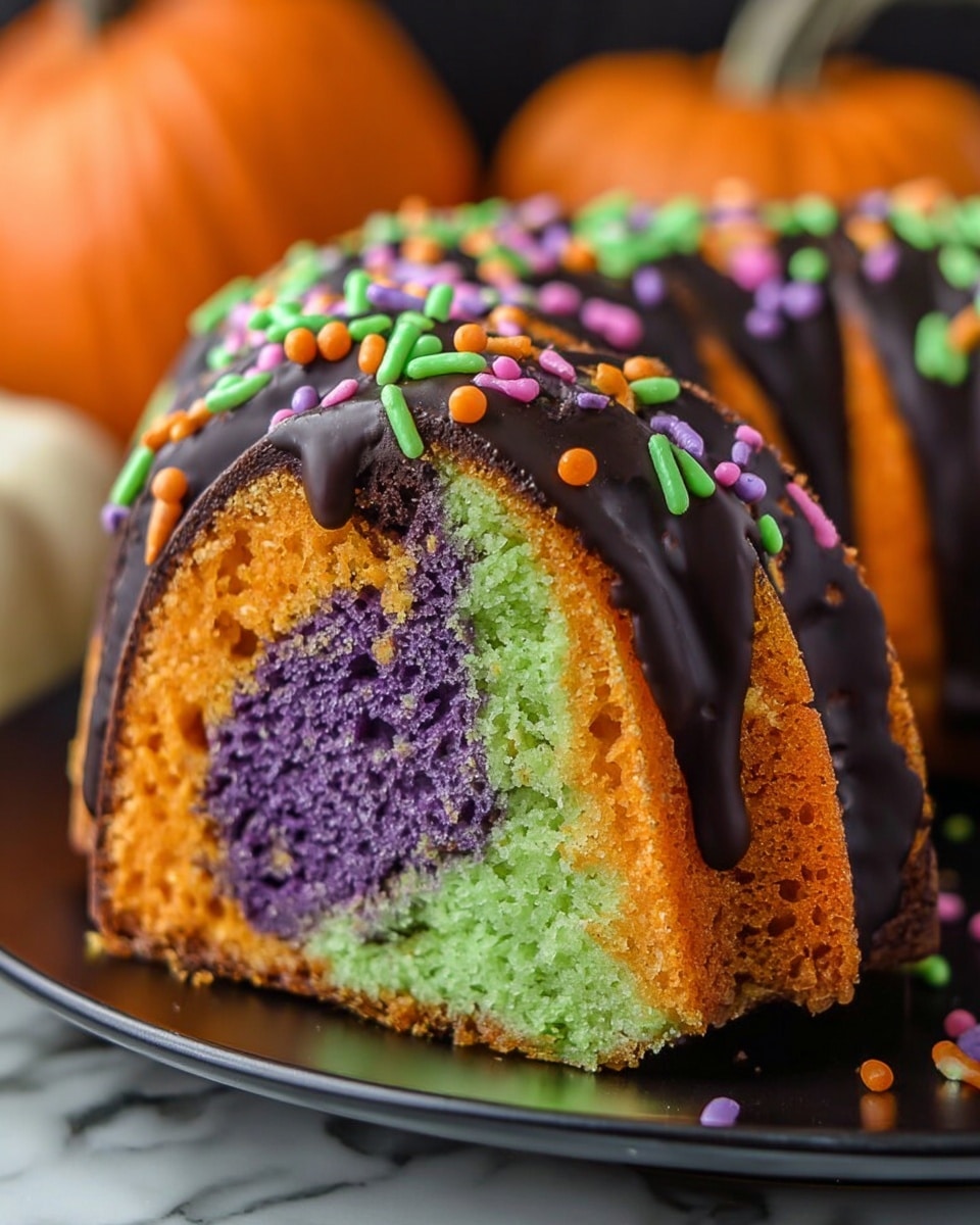 The image shows a colorful slice of a rolled cake with three main layers inside: the outer layer is bright green, the middle layer is orange, and the inner layer is purple, all with a soft, spongy texture. The cake is covered with a smooth, dark chocolate frosting that wraps around the entire roll and is topped with small round and stick-shaped sprinkles in purple, orange, green, and white colors. The slice is placed on a white plate against a background with a white marbled texture. Photo taken with an iphone --ar 4:5 --v 7