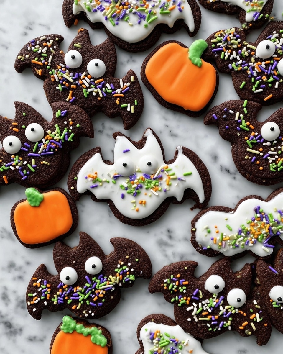The image shows a group of Halloween-themed cookies on a white marbled surface. There are two shapes: bats and pumpkins. Each cookie has a base layer that is dark brown, showing the baked dough. On top, there is a white icing layer that covers most of each cookie. The bat cookies have extra decoration with big round eyes made from small white and black icing dots. Both bat and pumpkin cookies are sprinkled with colorful small sprinkles in green, purple, orange, black, and white, scattered on top of the white icing. The sprinkles add texture and bright colors against the dark and white base layers. photo taken with an iphone --ar 4:5 --v 7