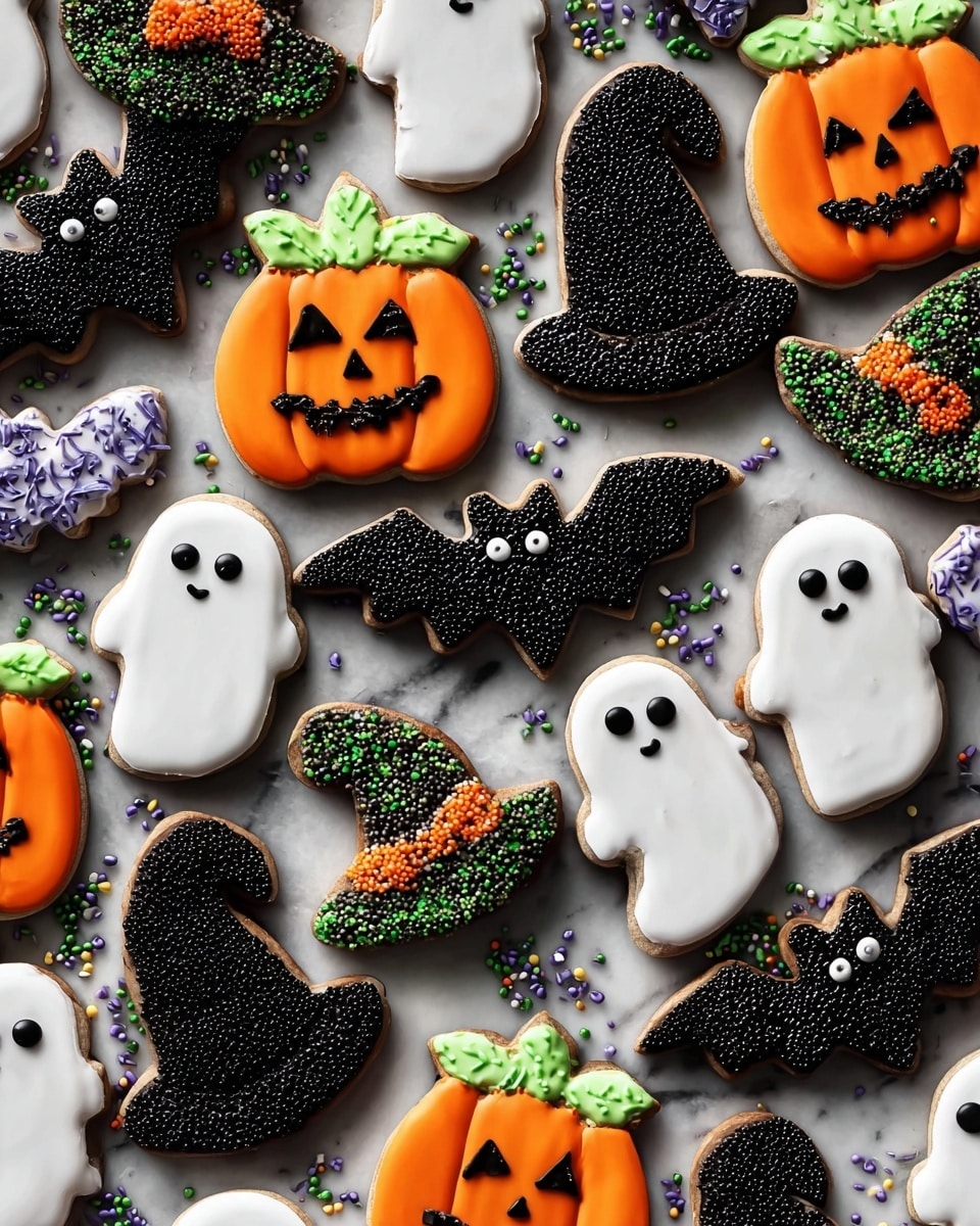 This image shows many Halloween-themed cookies on a white marbled surface. There are three main types of cookies: orange pumpkin-shaped cookies with detailed black faces and green leaves on top, white ghost-shaped cookies with small black eyes, and black bat-shaped cookies with white eyes and textured black dot details on their bodies. Also present are black witch hat cookies decorated with green or orange small round sprinkles in stripes, giving them a bumpy texture. Colorful sprinkles in green, orange, and purple are scattered around the cookies, adding bright spots to the scene. photo taken with an iphone --ar 4:5 --v 7