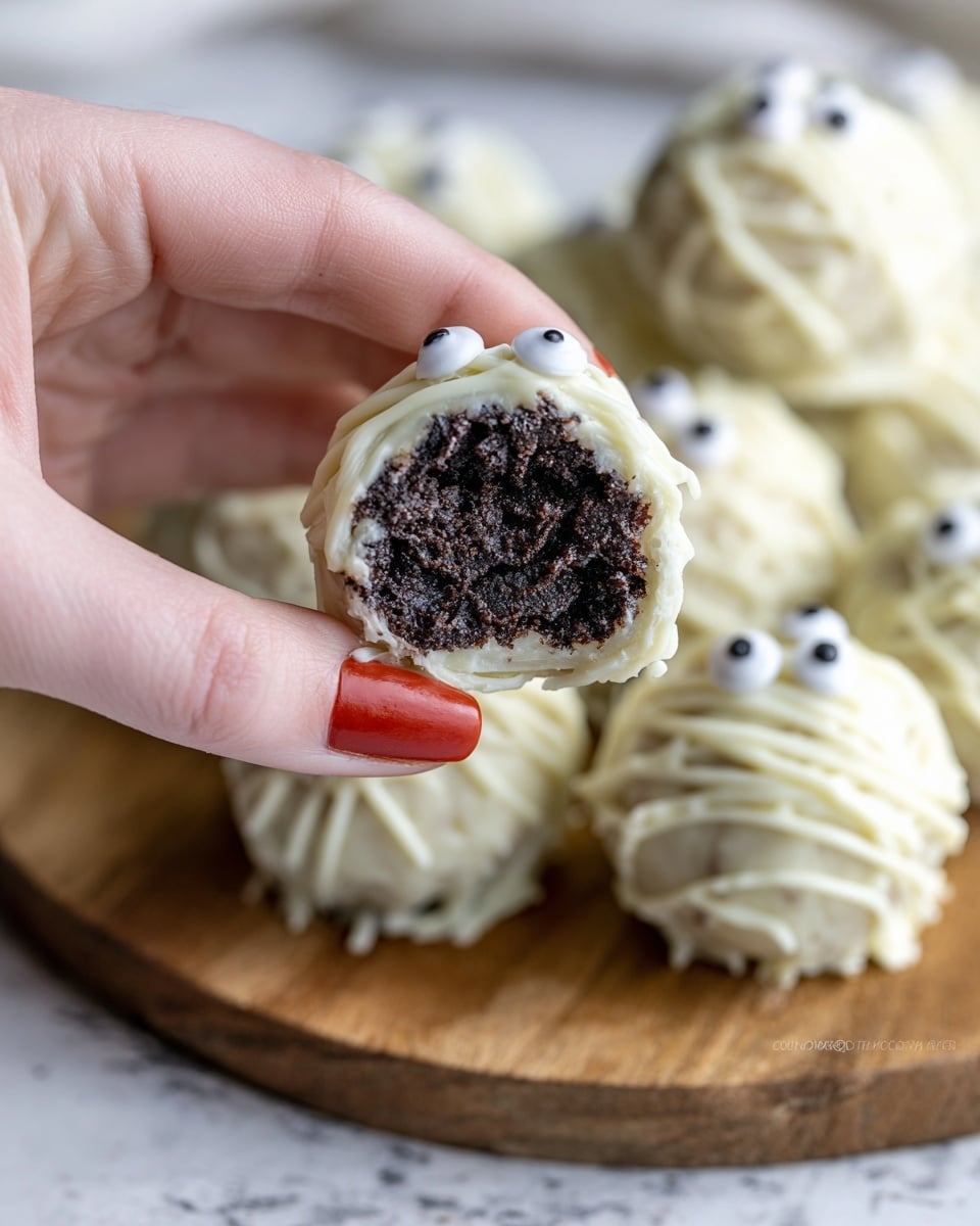 A woman's hand with red nail polish holds a round treat with three layers: a dark, soft, dense chocolate inside, coated by a light creamy white chocolate shell, and topped with thin white chocolate strips drizzled over it. In the background, there is a wooden tray filled with similarly coated treats, each decorated with two small white candy eyes, all placed on a white marbled surface. Photo taken with an iphone --ar 4:5 --v 7