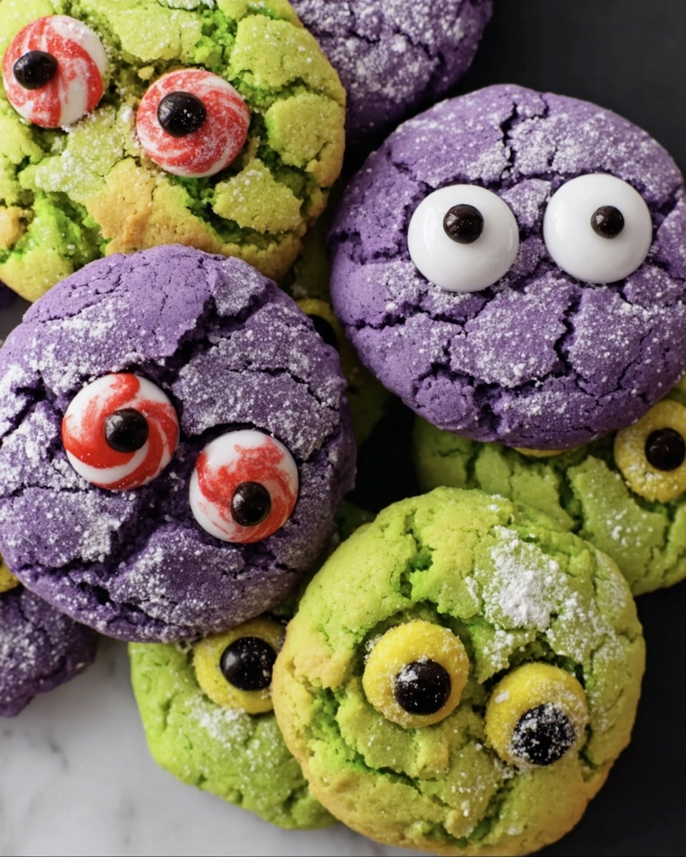 The image shows six round cookies with cracked textures stacked close together on a white marbled surface. Three green cookies have two candy eyes each, one with red and white swirled eyes with black centers, one with plain white and black eyes, and one with a single white and black eye. One purple cookie has a yellow and black eye on the left and a green and black eye on the right. The cookies’ surfaces are uneven with some small white powdered spots on top, giving a rough look. All cookies are irregular circles with rough edges, and the colors are bright and clear. Photo taken with an iphone --ar 4:5 --v 7