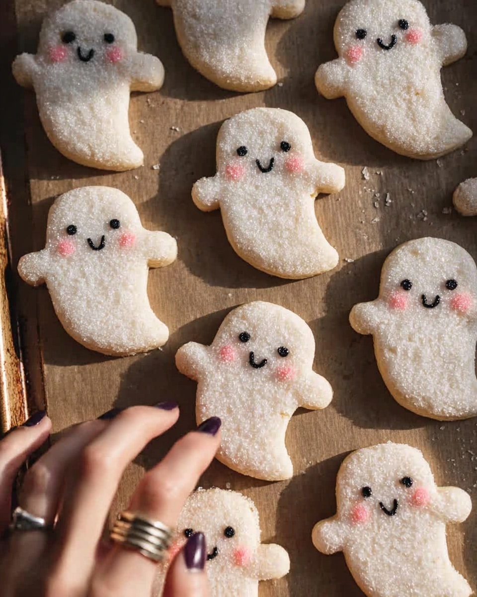 A cookie shaped like a small ghost is shown being held by a woman's hand with dark nail polish and rings. The cookie has three small rounded legs at the bottom and is decorated with a thick layer of white sugar crystals giving it a sparkling texture. It has two small black round eyes made of icing and two soft pink blush spots on the cheeks. A tiny curved black line forms the mouth. In the background, there are many similar ghost-shaped cookies scattered on a white marbled surface. Photo taken with an iphone --ar 4:5 --v 7