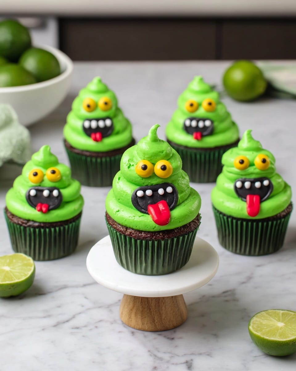 The image shows a group of green cupcakes on a white marbled surface. The main focus is on one cupcake cut in half, revealing three layers: a dark green soft cake base, a bright green jelly center, and a thick top layer of light green creamy frosting shaped in swirls. Around the cut cupcake, there are whole cupcakes with the same light green frosting, and one has a playful face decoration made of black, white, yellow, and red icing, with the red resembling a tongue sticking out. Cake crumbs and a scoop of dark green cake are nearby. Photo taken with an iphone --ar 4:5 --v 7