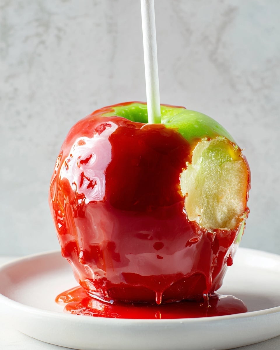 A shiny green apple covered fully with a thick, red candy coating that has a glossy texture. The candy layer wraps around the apple smoothly but has some small bumps and drops near the base, where a bit of the candy has pooled on the white plate below. A white stick is inserted at the top center of the apple. There is one large bite taken from the upper left side, showing the pale green skin and lighter inside of the apple. The background is a soft white marbled texture. Photo taken with an iphone --ar 4:5 --v 7