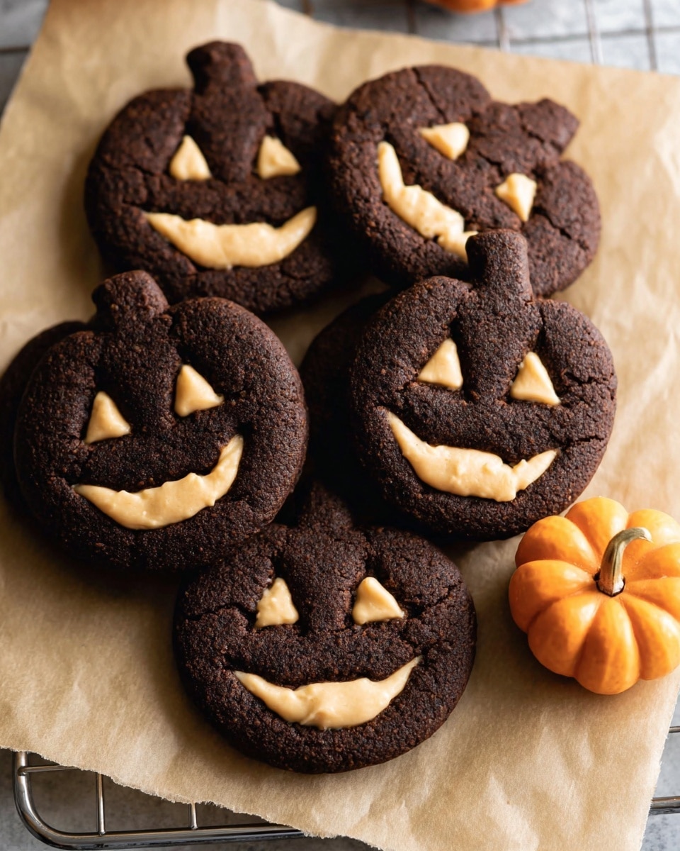 The image shows a dark brown cookie shaped like a pumpkin with a small stem at the top. It has two small triangular holes for eyes and a wide smile with a single large tooth made of a light beige filling, peeking through the mouth and eyes. The cookie has a rough, slightly cracked texture. It is placed on a sheet of parchment paper, which is on a light wooden board. In the corner, part of a yellow pear is visible on a white marbled surface. photo taken with an iphone --ar 4:5 --v 7