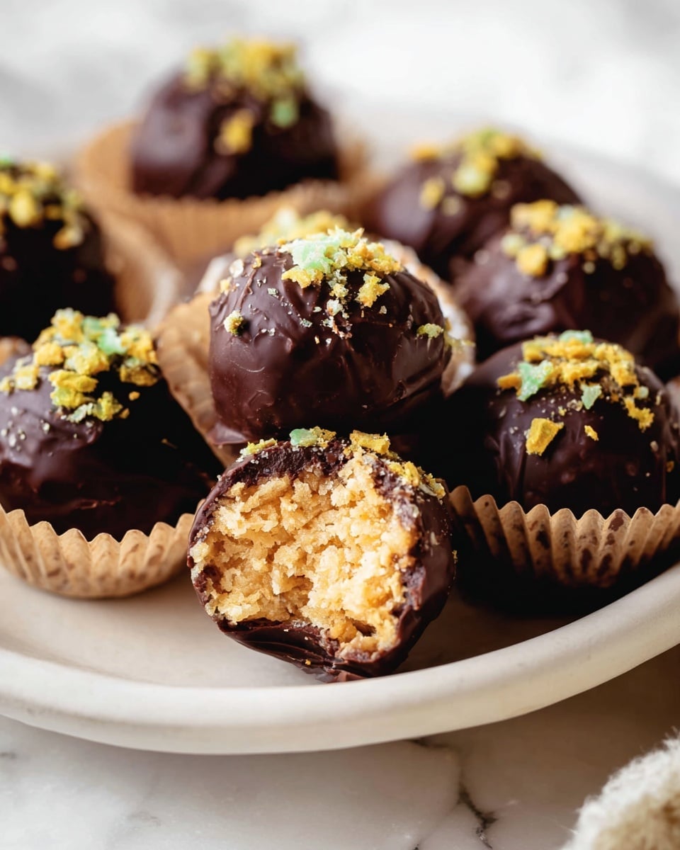 The image shows several round chocolate-covered treats on a white plate set on a white marbled surface. Each treat is coated in dark chocolate and topped with small pieces of green and yellow crumbles. One treat is in front and center with a bite taken out, revealing a light tan, crumbly, crispy inside. Some treats are placed in light brown paper wrappers, while others rest directly on the plate. The focus is close up, highlighting the texture of the chocolate and the crumbly inside of the bitten piece. photo taken with an iphone --ar 4:5 --v 7
