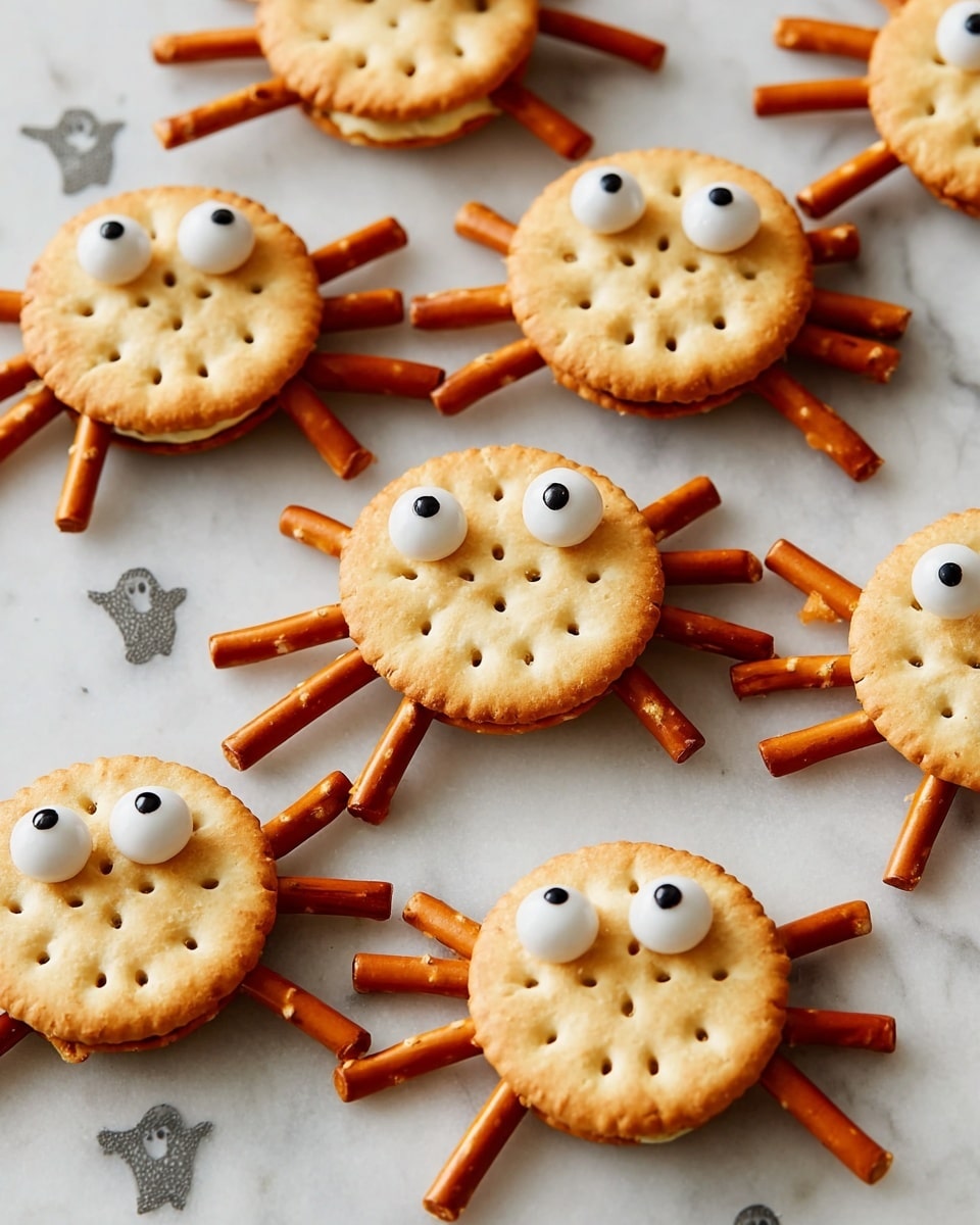 The image shows several small round crackers, each made to look like a spider by placing a pair of edible candy eyes on top. Each cracker sandwich has roughly eight small pretzel sticks inserted around the sides to form spider legs, with their brown, slightly salted texture visible. The crackers are golden-brown with a lightly baked texture and small holes on their surfaces. They are arranged on a white marbled surface with faint ghost shapes in light gray as background decoration. photo taken with an iphone --ar 4:5 --v 7