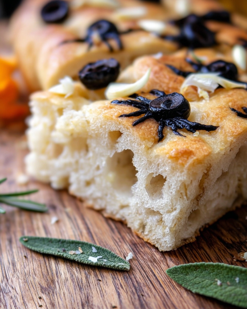 The image shows a close-up of a focaccia bread slice with a thick and soft texture, displaying an airy inside crumb with many small holes. The top layer is light golden with browned spots, topped with pieces of sliced black olives and small bits of white garlic scattered on the surface along with some green herb leaves. The bread rests on a rustic wooden surface with two green rosemary leaves nearby, creating a natural and cozy look. photo taken with an iphone --ar 4:5 --v 7