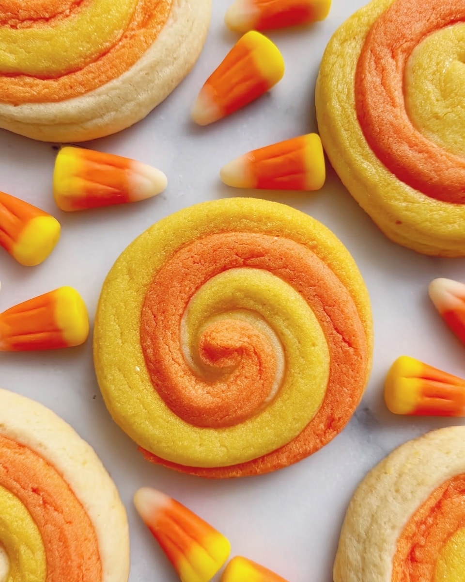 The image shows several round swirl cookies with three layers and colors: yellow, orange, and cream. Each cookie has a spiral pattern starting from the center, with the yellow layer on the outside, followed by orange, and cream in the center. The cookies are placed on a white marbled surface. Scattered around the cookies are yellow and orange candy pieces shaped like small cones. The overall look is bright and colorful with clear, smooth textures. photo taken with an iphone --ar 4:5 --v 7