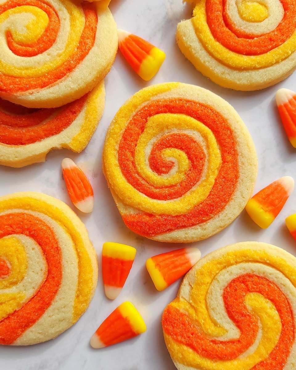 Several round spiral cookies are spread out on a white marbled surface, each cookie showing two visible layers: one light yellow and one bright orange, twisted into a swirl pattern. Scattered among the cookies are small candy pieces that are triangular in shape with three colors from bottom to top: white, orange, and yellow. The cookies have a smooth texture and are slightly thick. The scene is bright and colorful, showing the contrast between the swirled cookies and the vibrant candy pieces photo taken with an iphone --ar 4:5 --v 7