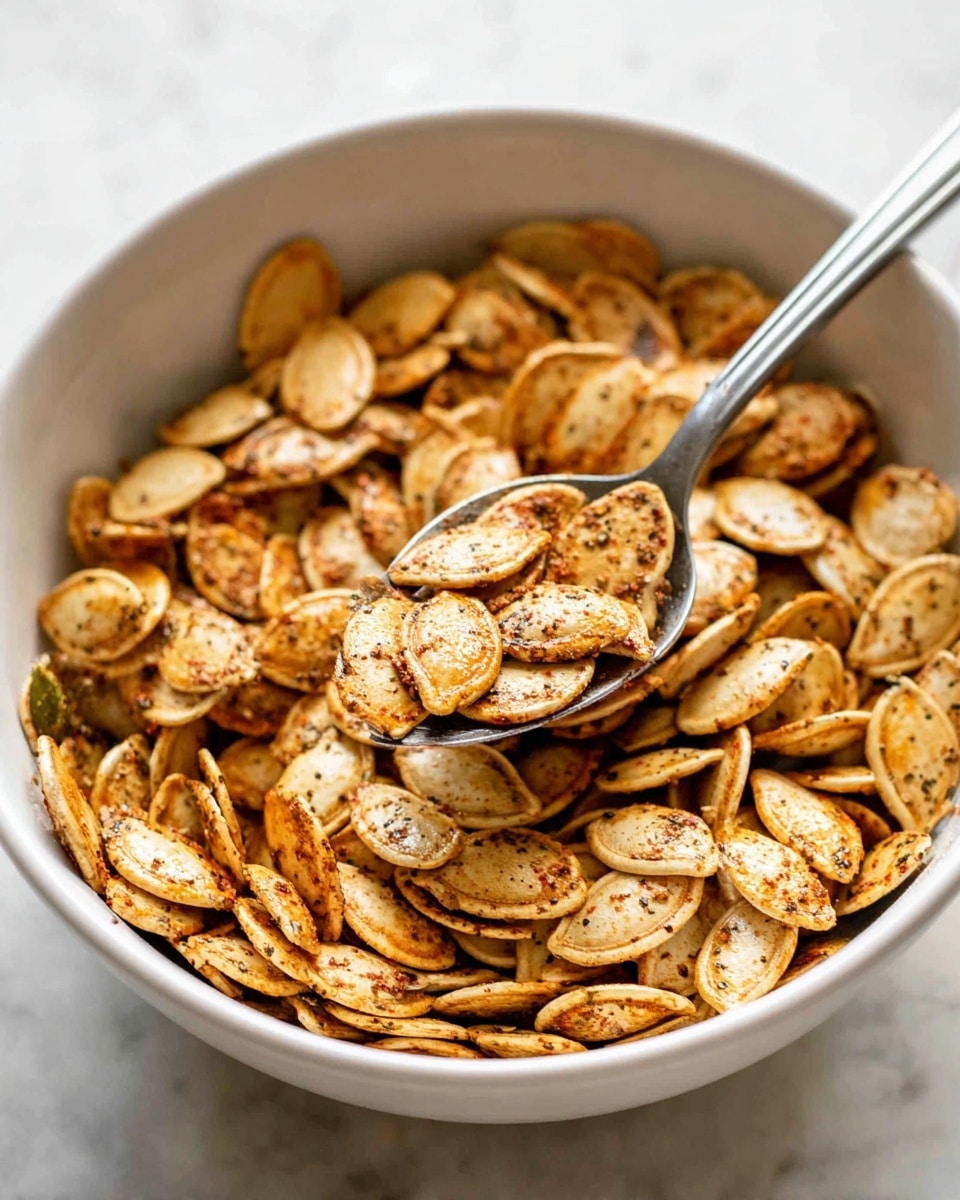 A white bowl filled with a large amount of toasted pumpkin seeds that are lightly browned and speckled with dark seasoning, creating a textured look. A silver spoon scoops up a small pile of the seeds from the middle, with the seeds’ smooth, curved surfaces showing a mix of pale tan and golden brown colors. The bowl sits on a white marbled surface, making the warm tones of the seeds stand out. photo taken with an iphone --ar 4:5 --v 7