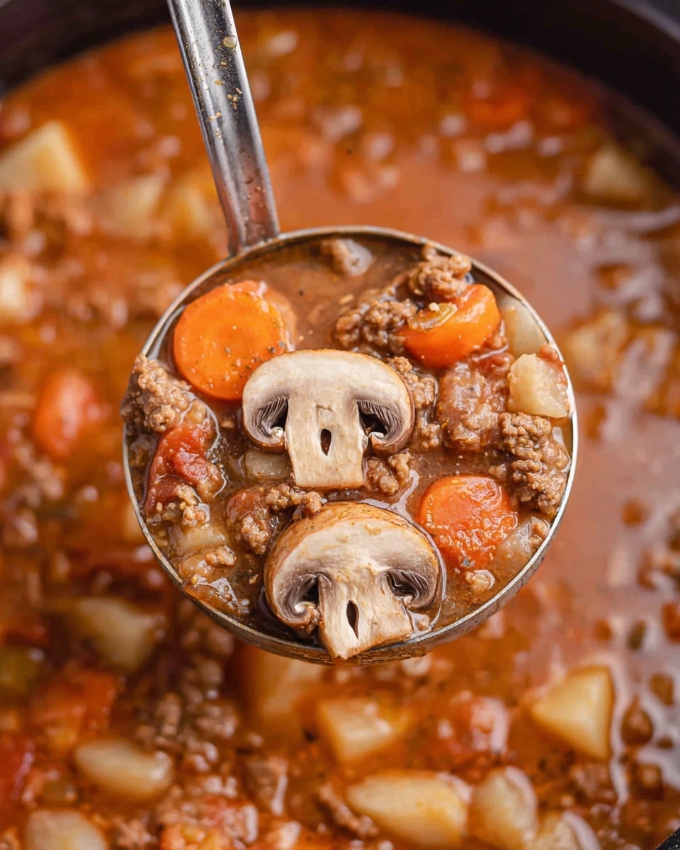 A close-up view of a ladle filled with a thick, brownish-red soup full of ingredients. The ladle holds two large whole mushrooms with a light brown color and detailed texture, bright orange carrot slices with visible ridges, chunks of light brown ground meat, and small beige potato pieces. The soup itself is medium brown with a slightly oily surface, dotted with small bits of vegetables and meat. The background shows the pot of soup with similar contents and a white marbled surface below. Photo taken with an iphone --ar 4:5 --v 7