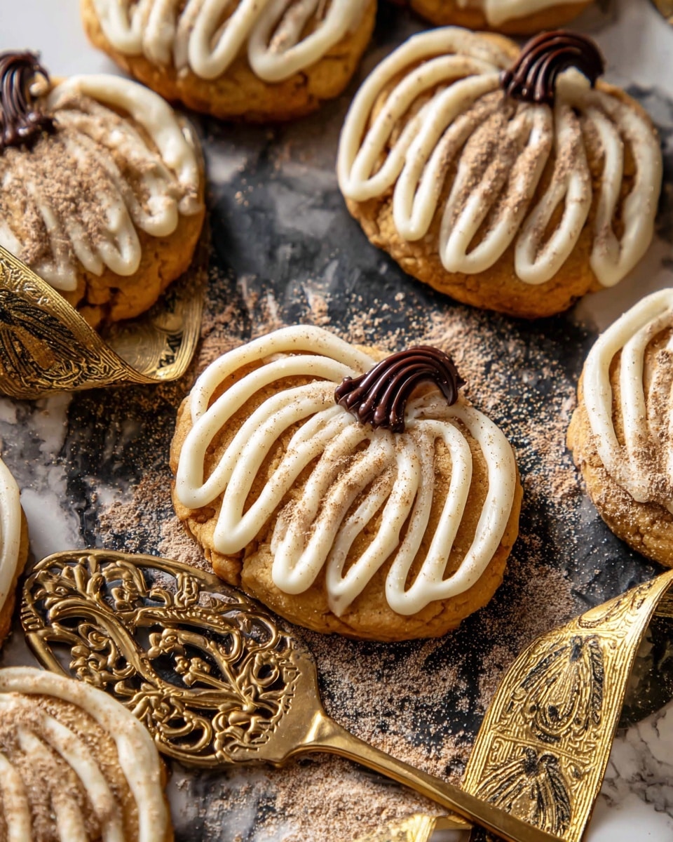 The image shows several round, light brown cookies with an uneven surface, each topped by a thick layer of creamy off-white icing drizzled in wide, irregular stripes. On top of this icing, there are thin swirls of dark brown icing forming decorative loops and dots. Some of the cookies are dusted lightly with a sparkling cinnamon-like powder. The cookies rest on a dark slate board sprinkled with some powder, and nearby, a golden ornate ribbon and a brass decorative item frame the scene. The background below the slate is a white marbled texture. photo taken with an iphone --ar 4:5 --v 7
