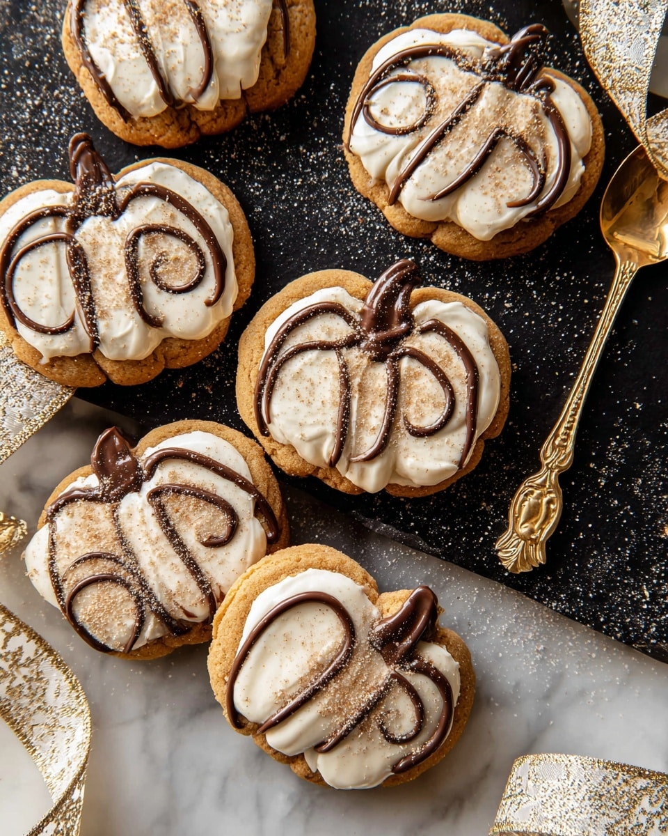 The image shows several round cookies with a light golden brown base. Each cookie has a thick layer of creamy white icing drizzled over the top in a loose, wavy pattern. There is a thin, dark brown chocolate swirl decoration on top of the white icing. The cookies are sprinkled with a fine light brown powder, likely cinnamon or sugar. They are placed on a dark surface with a textured scatter of powder around them. One cookie is resting on a vintage golden serving utensil with leaf designs, and a golden patterned ribbon is visible nearby. The surface beneath everything is changed to white marbled texture. photo taken with an iphone --ar 4:5 --v 7