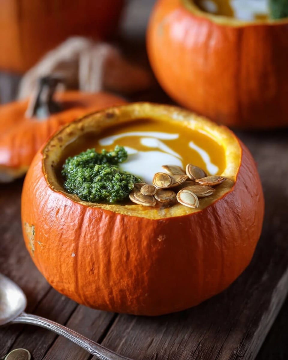 A small orange pumpkin is hollowed out and filled with creamy orange pumpkin soup, topped with three clear layers: a white swirl of cream on the left side, a dollop of green pesto towards the back right, and several golden toasted pumpkin seeds placed at the front right. The pumpkin is set on a dark wooden surface with another pumpkin blurred in the background. photo taken with an iphone --ar 4:5 --v 7