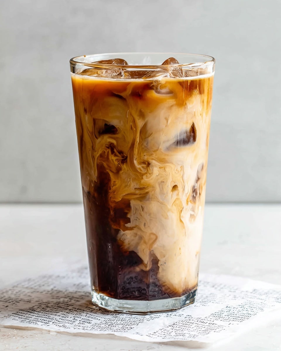 A tall clear glass filled with a light brown iced coffee drink with visible dark brown coffee ice cubes inside. The top layer is a smooth frothy light brown with a small sprinkle of cinnamon or spice powder. The glass sits on a white marbled surface with a piece of paper with small printed text underneath it and a metal spoon nearby. In the background, there is a slightly blurred white bottle. Photo taken with an iphone --ar 4:5 --v 7