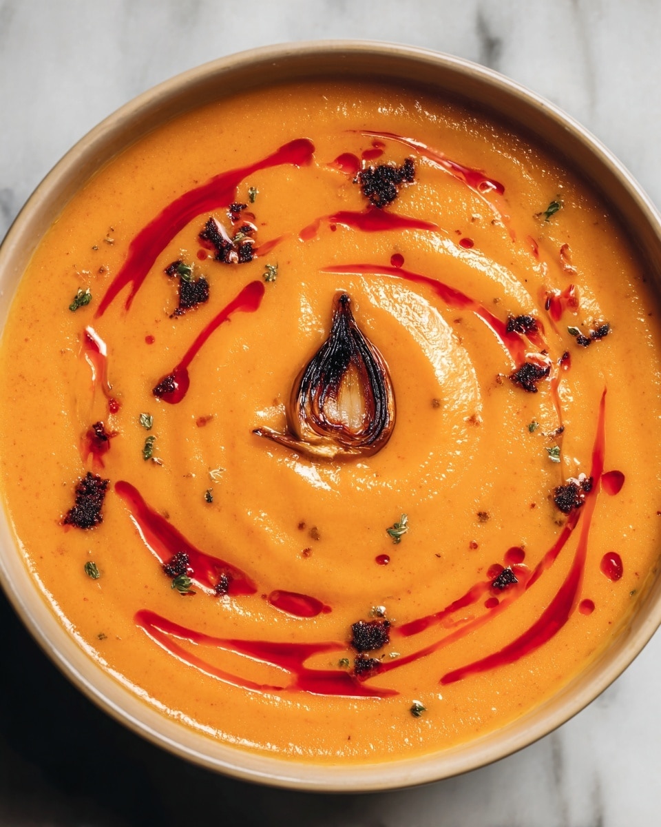 A creamy orange soup fills a white bowl, with smooth swirls of bright red sauce drizzled on top, creating a flowing pattern. In the center, there is a single roasted garlic clove with a dark caramelized tip. Small black crumbles and green herb bits are scattered over the surface, adding texture and color contrast. The bowl sits on a white marbled surface. photo taken with an iphone --ar 4:5 --v 7