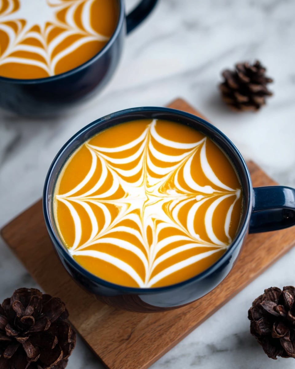 A dark blue cup filled with smooth orange soup is shown from above, placed on a small wooden board on a white marbled surface. The soup has a white cream design on top, resembling a spider web pattern with lines radiating outward and looping around, creating a symmetrical effect. In the background, part of another cup with the same soup and white cream pattern is visible in the top left corner. There are also two dark brown pine cones on the white marbled surface near the bottom right side of the image. photo taken with an iphone --ar 4:5 --v 7