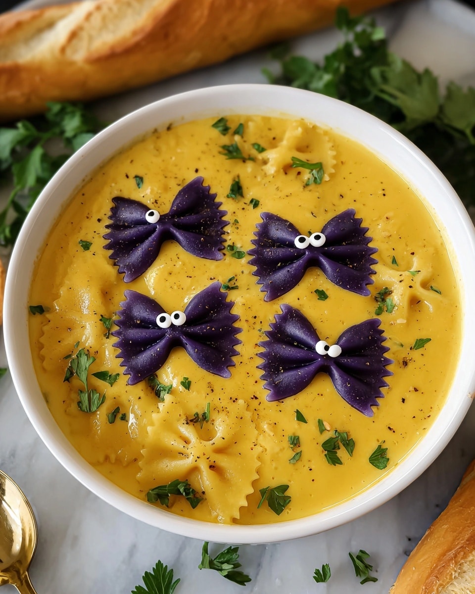 A white bowl filled with creamy yellow soup, smooth in texture with a few green specks, topped with three purple pasta bows that have small white dots and black pepper on them. The soup is garnished with small green herb pieces scattered on top. A spoon filled with the yellow soup and a small herb leaf is held above the bowl by a woman's hand. The bowl sits on a tray with fresh green herbs around it, and in the background, a golden brown rolled item is slightly visible. The entire setting is on a white marbled surface. photo taken with an iphone --ar 4:5 --v 7