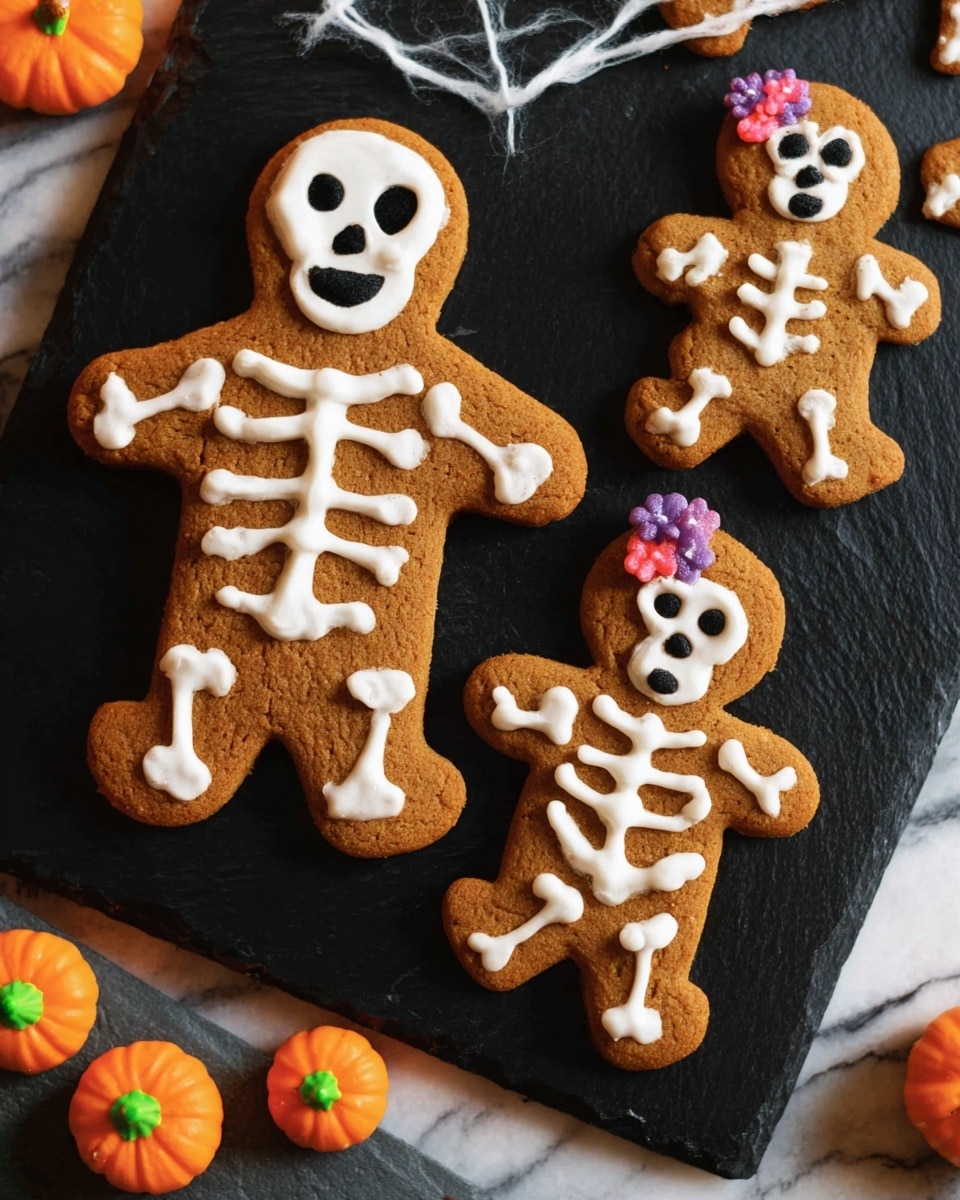 The image shows three gingerbread cookies on a dark slate board with a white marbled texture underneath. Each cookie is shaped like a person and decorated with white icing to look like skeletons. The largest gingerbread cookie is on the left, with detailed bones and a skull face with black eyes and nose. A medium-sized cookie is near the top right, also decorated as a skeleton with a small pink and purple candy flower on its head. The smallest cookie is at the bottom center, decorated with simple white icing bones and small black eyes. Around the cookies, there are small pumpkin-shaped candies with orange and green colors. Photo taken with an iphone --ar 4:5 --v 7