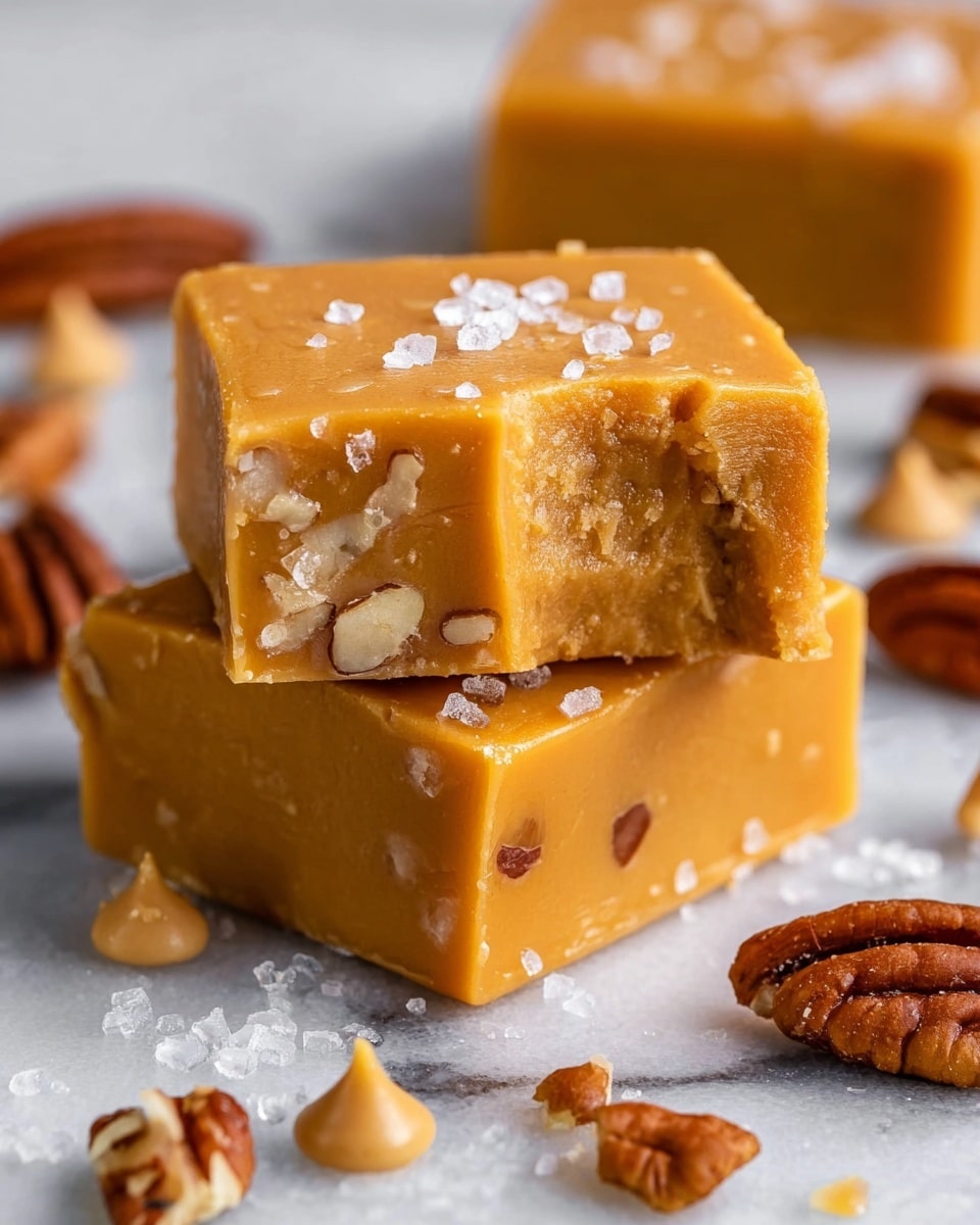The image shows two thick square pieces of smooth caramel fudge with visible small nut pieces inside them, one piece stacked on top of the other. The top fudge piece has a bite taken out of it, revealing a dense, creamy orange-brown interior. Both pieces have a shiny surface sprinkled with coarse salt crystals. Around the fudge squares, there are some whole pecans and caramel chips scattered on a white marbled surface. Photo taken with an iphone --ar 4:5 --v 7