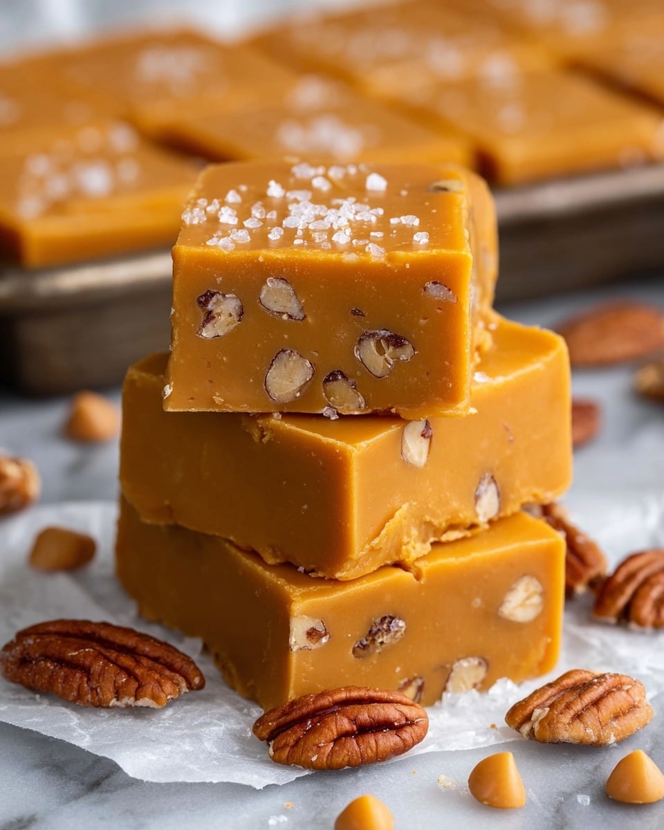 The image shows three thick square pieces of caramel-colored fudge with visible chunks of pecans inside each piece. The fudge has a smooth, slightly shiny surface with a few grains of coarse salt sprinkled on top. The squares are stacked in a small pile on a sheet of parchment paper placed on a white marbled texture. Around the fudge pieces, whole pecan halves and small caramel-colored chips are scattered, adding texture and color contrast. In the background, more fudge pieces are visible on a baking tray, slightly out of focus. Photo taken with an iphone --ar 4:5 --v 7