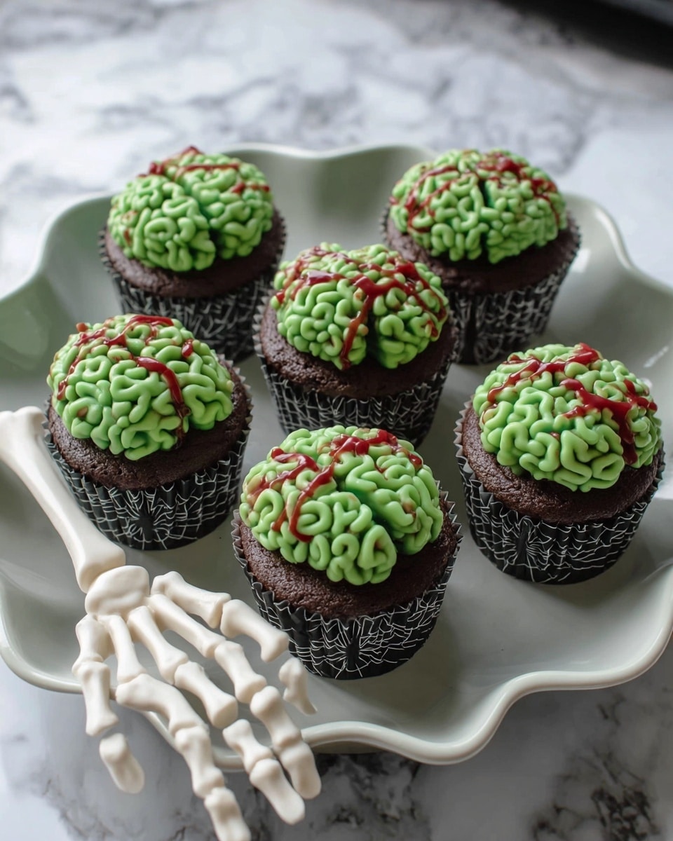 Six cupcakes sit on a white plate with a wavy edge, each in a dark paper cup with white spider web patterns. The cupcakes have dark brown cake bases topped with green frosting piped in tight, twisty lines that look like brain folds, with a drizzle of red syrup across the top for a bloody effect. A white skeleton hand reaches towards one of the cupcakes. The plate rests on a white marbled surface. photo taken with an iphone --ar 4:5 --v 7