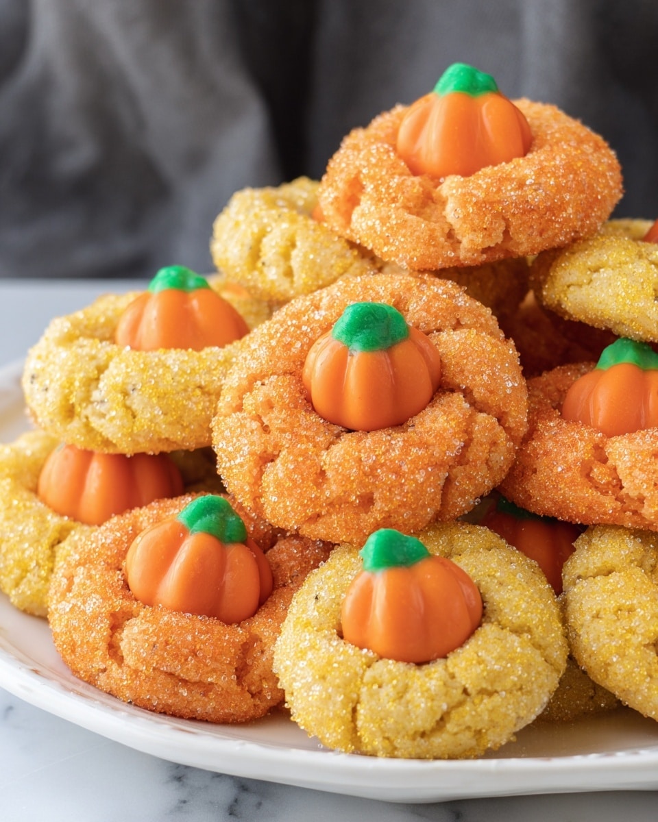 The image shows a white plate full of round cookies with rough texture, coated in orange and yellow sugar crystals. Each cookie has a small candy shaped like a pumpkin with orange body and green top placed in the center, slightly sunk into the cookie. The cookies are stacked and overlapped on the plate, making the pumpkin candies stand out with their smooth, shiny surface. The background is a white marbled texture with a blurred dark area behind the plate. Photo taken with an iphone --ar 4:5 --v 7
