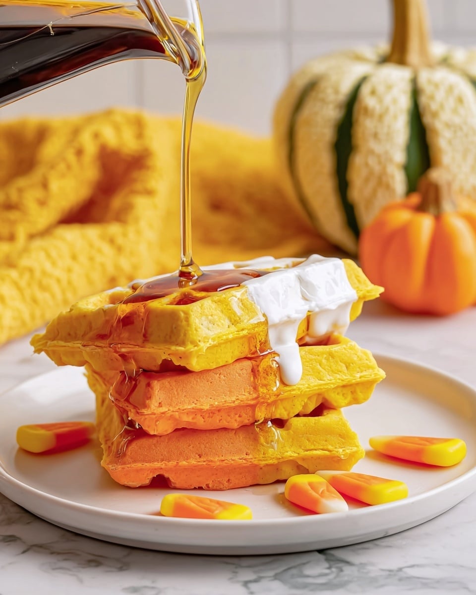 The image shows a stack of three thick waffles on a white plate placed on a white marbled surface. Each waffle has two distinct colors: a bright orange base with a yellow top, and the right side of the waffles dipped in white icing. Golden syrup is being poured over the top waffle, dripping down the sides and pooling slightly on the plate. Some candy corn pieces are scattered around the base of the plate. In the blurred background, there is a yellow cloth and two decorative pumpkins, one with a knitted texture and the other with green stripes. The overall setting has a cozy, warm fall vibe. photo taken with an iphone --ar 4:5 --v 7