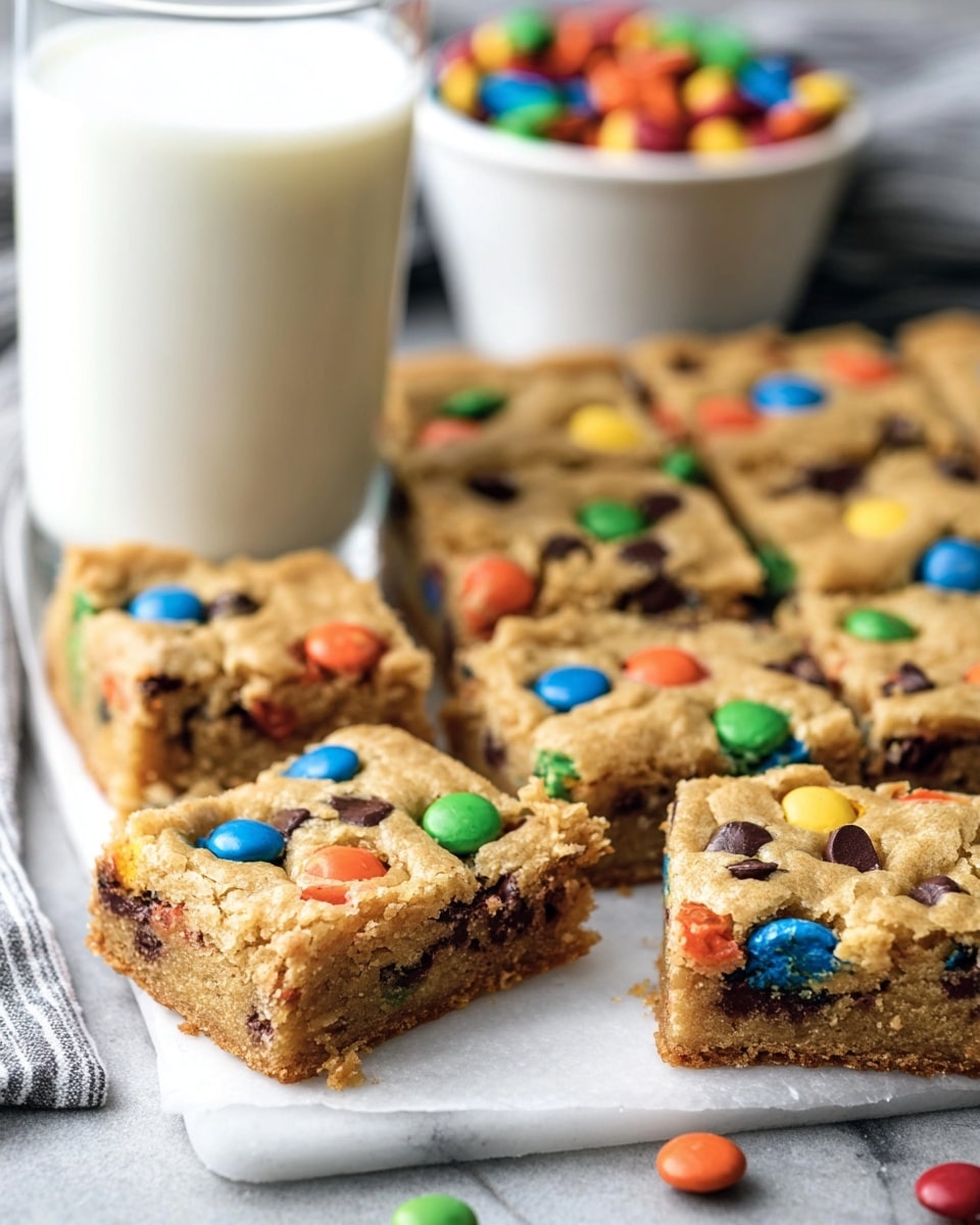 The image shows a tray of thick square cookie bars on a white marbled surface. The bars have a light golden brown, soft texture with many small colorful candy pieces of orange, blue, green, yellow, and red spread evenly on top and inside. The bars are arranged close together in rows with a few slightly pulled out to show texture inside, which is darker and looks moist with chocolate bits. A clear glass of milk is on the left side, and in the background, there is a white bowl filled with more colorful candy pieces. Photo taken with an iphone --ar 4:5 --v 7