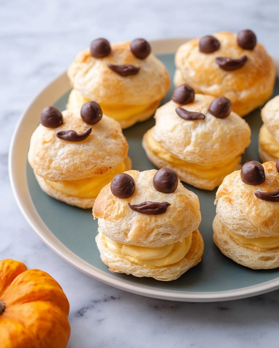 The image shows several small sandwich-like pastries on a white plate with a greenish-blue surface. Each pastry has two layers of light golden, flaky puff pastry with a soft yellow filling in between. The top pastry layer is decorated with chocolate pieces arranged to look like faces: two chocolate dots for eyes and either a chocolate dot or a small curved chocolate piece for a mouth, creating playful expressions. The plate sits on a white marbled texture surface with a small orange pumpkin partially visible in the corner. photo taken with an iphone --ar 4:5 --v 7