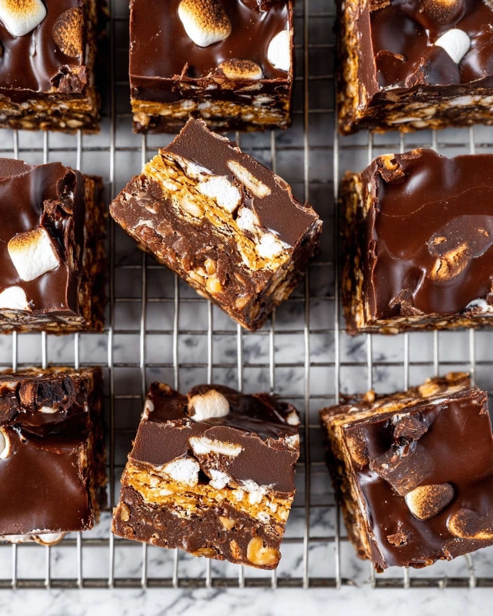 This image shows nine square pieces of chocolate bars with three clear layers: a bottom layer of crushed light brown crackers, a middle layer with white marshmallows scattered inside, and a thick top layer of dark melted chocolate, which has a glossy texture with some small nut pieces embedded. The bars are placed on a metal cooling rack, and one piece is positioned slightly tilted, revealing the inside layers. The background is a white marbled texture. The overall colors are dark brown, light brown, and white, with the chocolate layer having a shiny appearance. Photo taken with an iphone --ar 4:5 --v 7