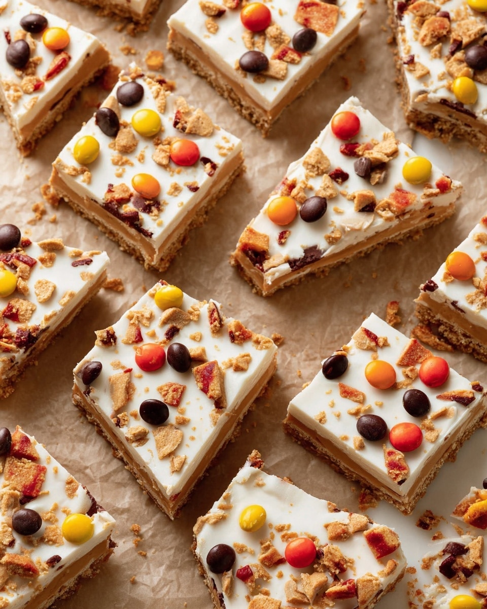 The image shows several triangular pieces of a dessert bark spread out on brown parchment paper over a white marbled surface. Each piece has a thick, light brown base layer with a smooth, creamy white layer on top. The white layer is covered with colorful candy pieces in orange, yellow, and dark brown shades, some whole and some broken, scattered evenly across the surface. The texture of the bark is crunchy, and the edges are cleanly cut. Photo taken with an iphone --ar 4:5 --v 7
