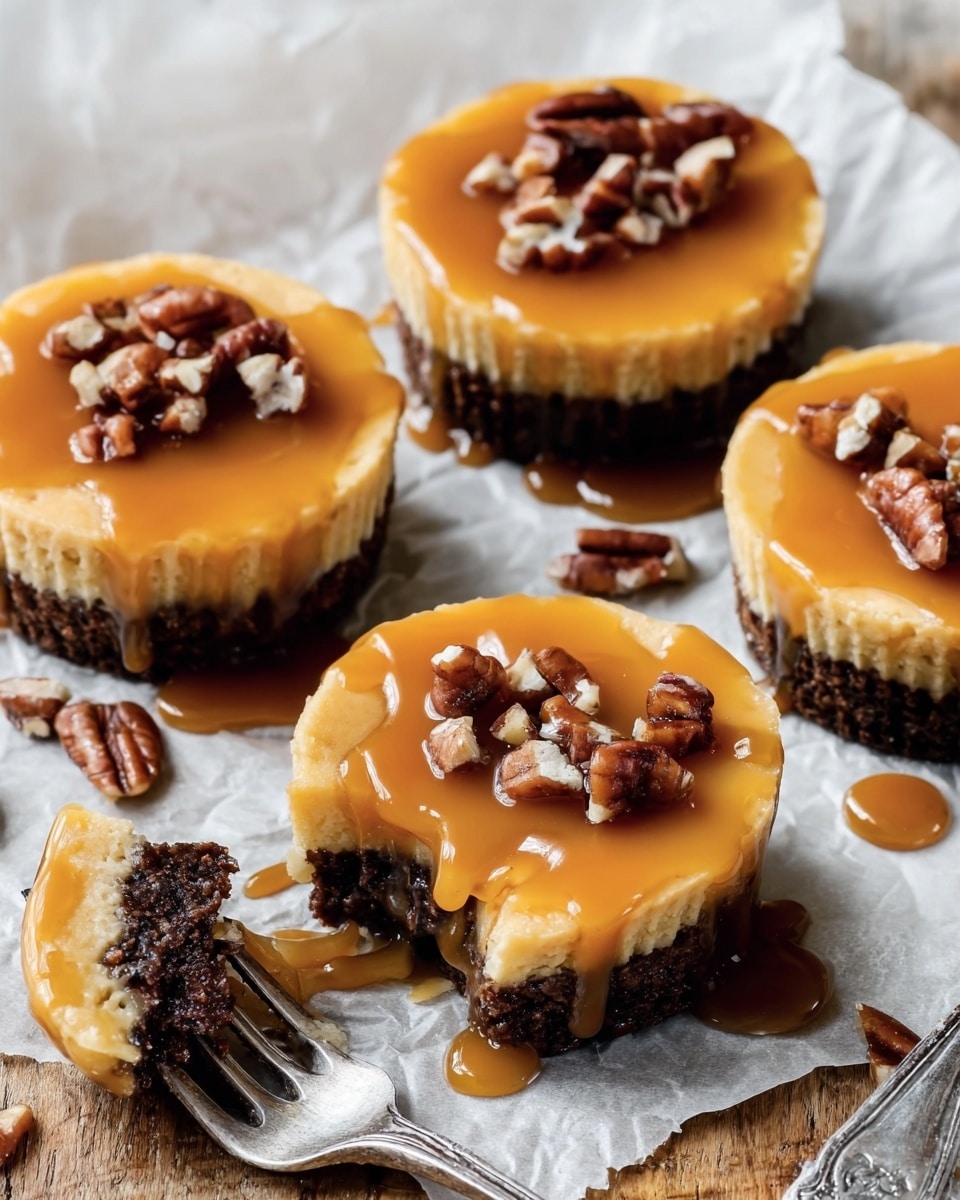 Four mini tarts sit on a piece of parchment on a white marbled surface. Each tart has a dark brown base, likely chocolate, topped with a smooth light orange layer and drizzled with glossy caramel sauce. Small pieces of chopped nuts, mostly pecans, are scattered on top of the caramel layer and around the tarts. One tart in the center has a bite taken out, showing the dark base beneath the orange topping. A silver fork holds a bite-sized piece of the tart near the bottom left corner. photo taken with an iphone --ar 4:5 --v 7