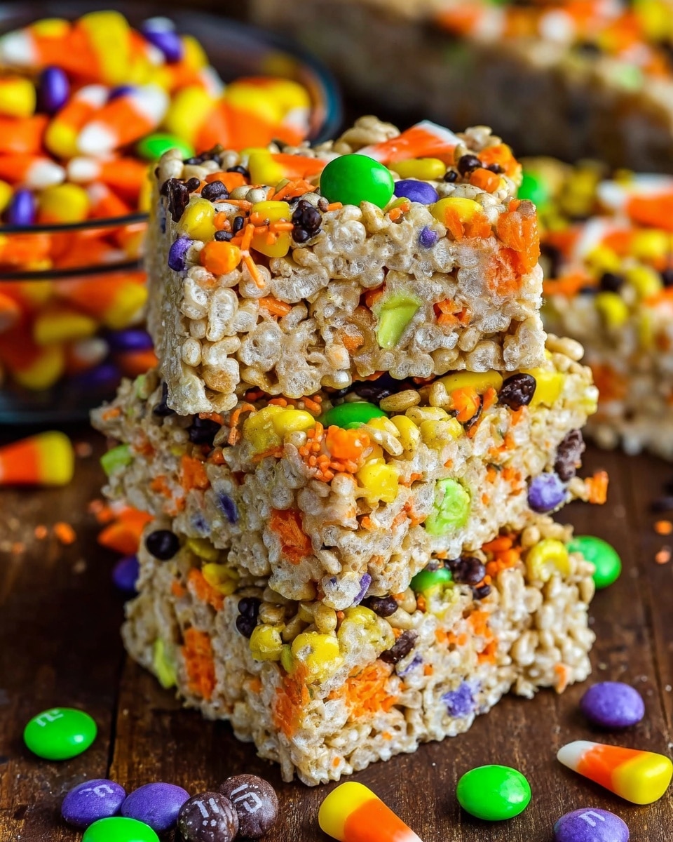 The image shows a stack of four square treat bars with a crispy texture. Each bar has visible puffed rice layered thickly, mixed with bits of orange, black, and purple sprinkles scattered throughout. Candy corn pieces with distinct orange, yellow, and white colors decorate the top and inside of the bars, adding a pop of color. Green and orange M&M candies are scattered around the bars and on top. The stack sits on a brown wooden surface with a blurred bowl of mixed candy in the background. The overall look is colorful and detailed with a crunchy, sweet texture. Photo taken with an iphone --ar 4:5 --v 7