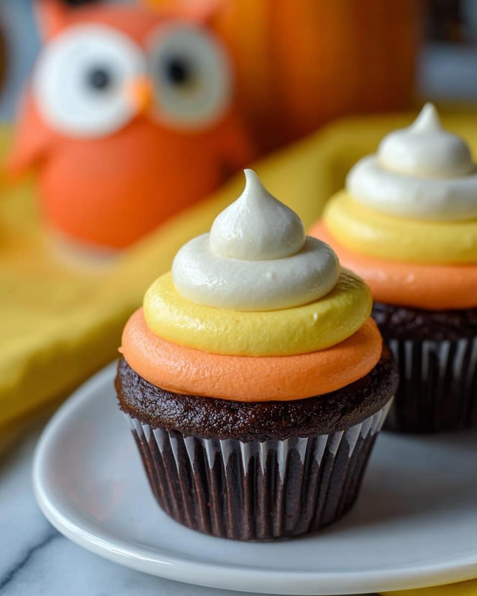 The image shows dark brown chocolate cupcakes with three thick layers of smooth frosting on top. The bottom frosting layer is bright yellow, the middle layer is orange, and the top layer is white, shaped like a small peak. The cupcakes sit on a white plate on a white marbled surface. In the background, there is a blurred orange and white owl-shaped object on a yellow cloth. Photo taken with an iphone --ar 4:5 --v 7