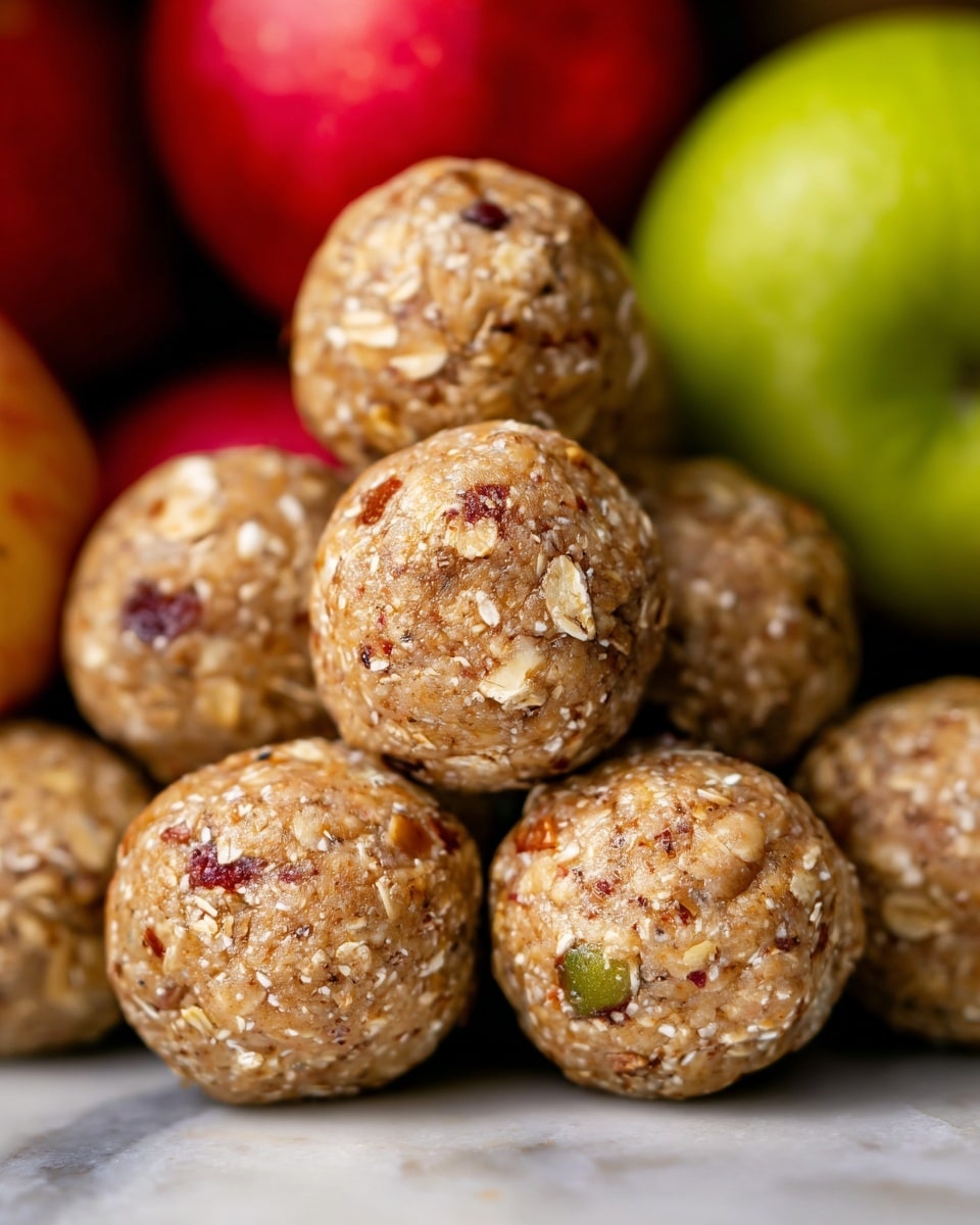 A woven basket lined with light brown paper holds a group of round oat energy balls that are light brown with visible small pieces of nuts and dried fruit, showing a coarse texture. Underneath and around the energy balls, there are several apples with shiny skins in green and red colors. The basket sits on a white marbled surface, and the view is from above, showing the mixture of energy balls and apples closely packed together. photo taken with an iphone --ar 4:5 --v 7