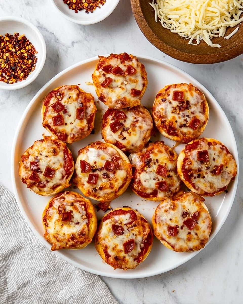 The image shows a white round plate filled with twelve small round mini pizzas. Each mini pizza has a golden brown crust with a layer of red tomato sauce, topped with melted white cheese and scattered small red pepperoni pieces. Some pizzas are sprinkled with red chili flakes, adding a small touch of texture on top. The plate is placed on a white marbled surface, with a wooden bowl of shredded cheese above and a small white bowl of crushed red pepper flakes to the left. Photo taken with an iphone --ar 4:5 --v 7
