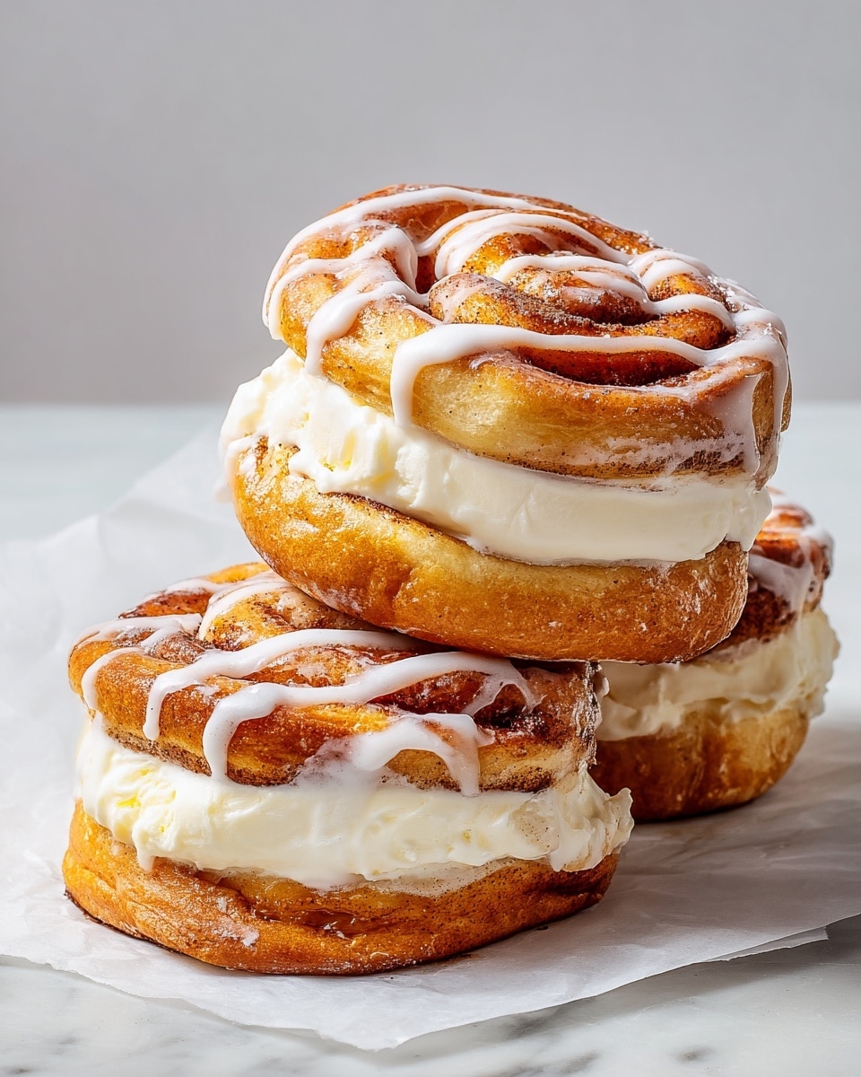 The image shows a cinnamon roll with three main layers placed on a white plate on a white marbled surface. The top layer is golden-brown, swirled dough with a slightly shiny texture and light brown cinnamon spots. It is decorated with thin, white icing lines drizzled evenly across the surface. The middle layer is a thick, creamy, white frosting filling that looks smooth and soft, some of which is melting out from the sides. The bottom layer is a slightly darker golden-brown bread base holding the roll together. There are a few small crumbs scattered on the plate near the roll. Photo taken with an iphone --ar 4:5 --v 7