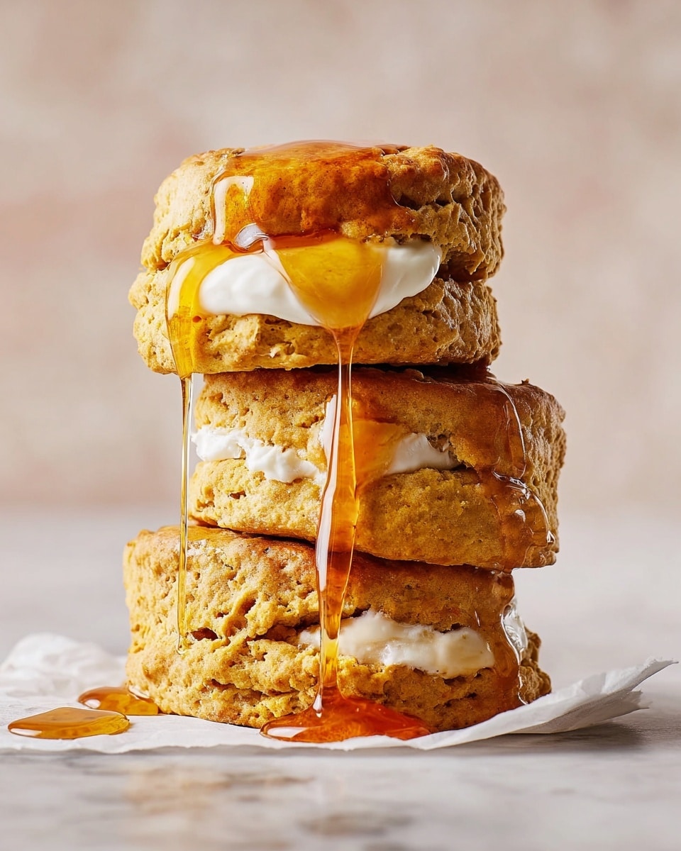 A stack of four golden brown biscuits with a rough, crumbly texture is shown on a piece of white paper on a white marbled surface. Each biscuit is split and filled with a thick layer of white butter that slightly melts into the biscuit. Smooth, shiny amber syrup is poured over the top biscuit and drips down onto the others, creating long, clear streaks of syrup that pool slightly at the base. The background is softly blurred with a light neutral tone. photo taken with an iphone --ar 4:5 --v 7