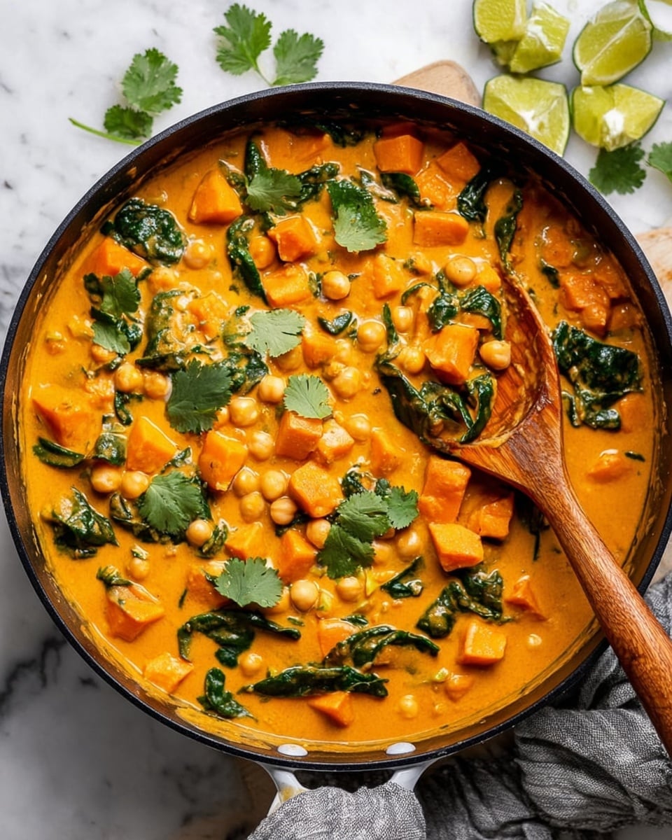 A large black pan filled with a creamy orange curry sauce containing three main layers: bright orange cubed sweet potatoes, light yellow chickpeas, and dark green spinach leaves mixed evenly throughout. Fresh green cilantro leaves are scattered on top adding freshness. A wooden spoon lifts some curry on one side, showing the smooth sauce and chunky vegetables. Around the pan, there is a white marbled surface with lime wedges and a grey cloth nearby. Photo taken with an iphone --ar 4:5 --v 7