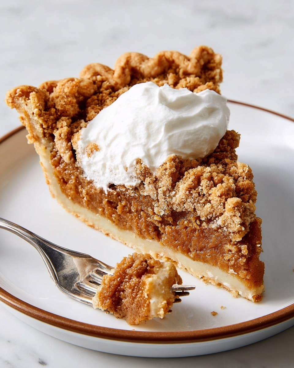 A slice of brown crumbly pie with a thick, textured filling sits on a white plate with a thin brown rim, placed on a white marbled surface. The pie has three layers: a light golden crust at the bottom, a dense brown filling in the middle, and a coarse oat crumble layer on top. A dollop of white whipped cream rests on the upper part of the slice. A silver fork holds a piece of pie with some whipped cream on it near the front edge of the plate. Photo taken with an iphone --ar 4:5 --v 7